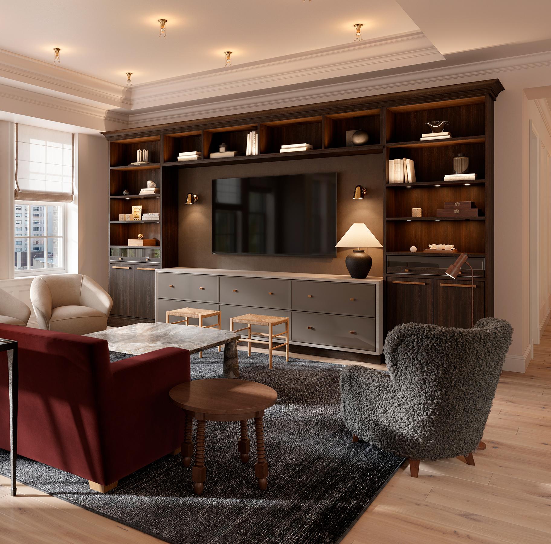 Custom entertainment center with custom puck lighted shelves by California Closets