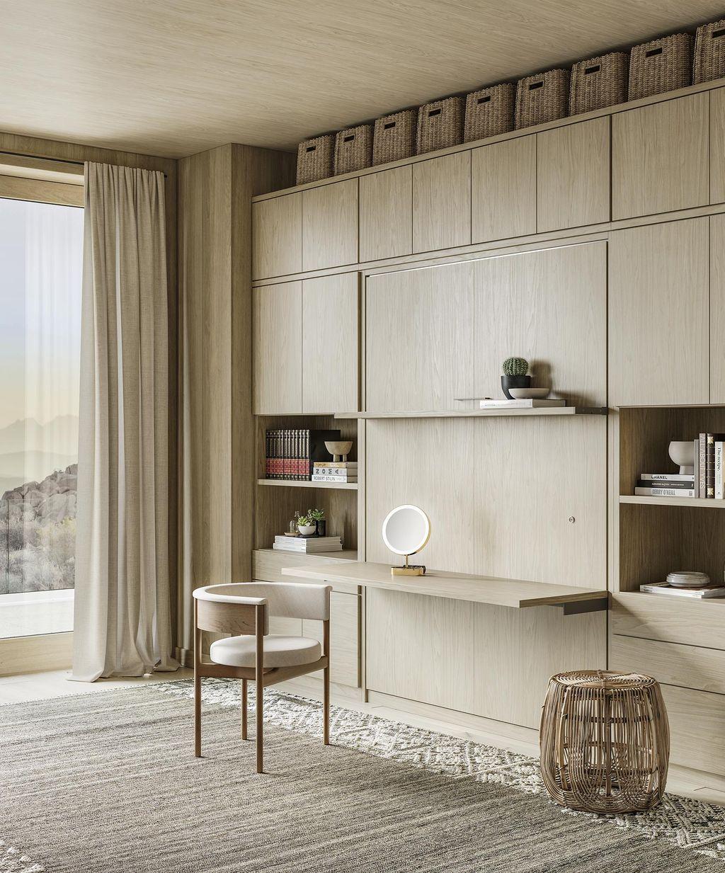 Murphy bed queen-sized shown closed to with built in desk and storage cabinets by California Closets