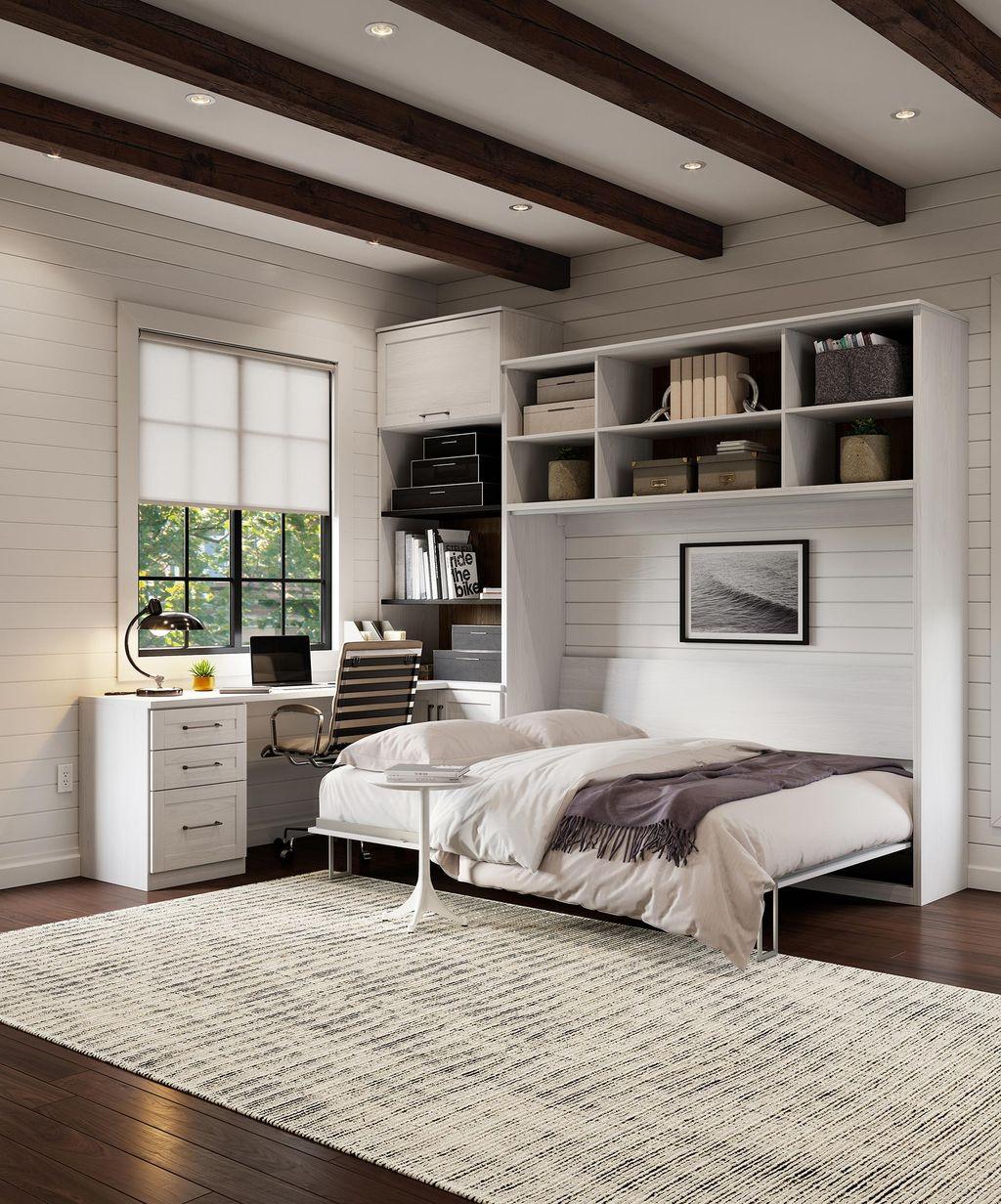 Wall bed, custom desk and vertical storage shelving in loft-style space by California Closets