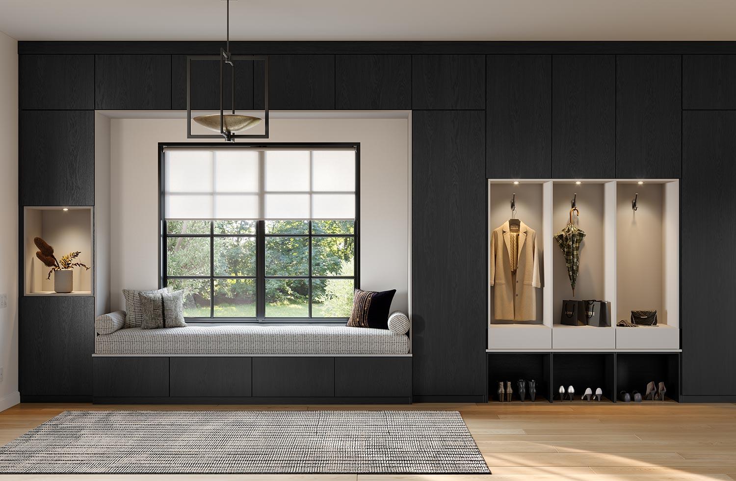 Diseño de vestíbulo con banco y espacio para colgar personalizado en acabado oscuro de California Closets