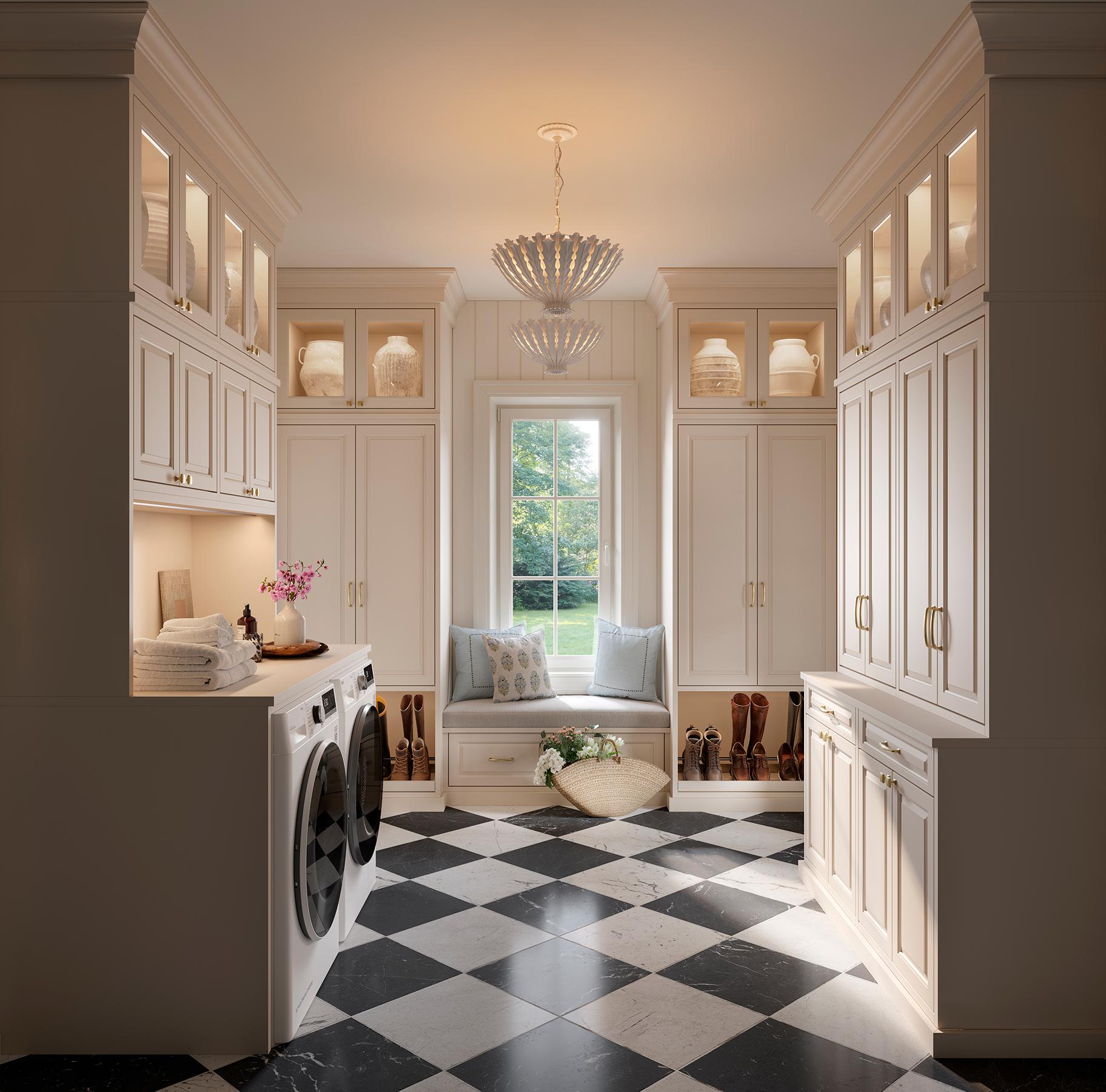 Customized laundry room accessories with floor-to-ceiling cabinets with storage space by California Closets