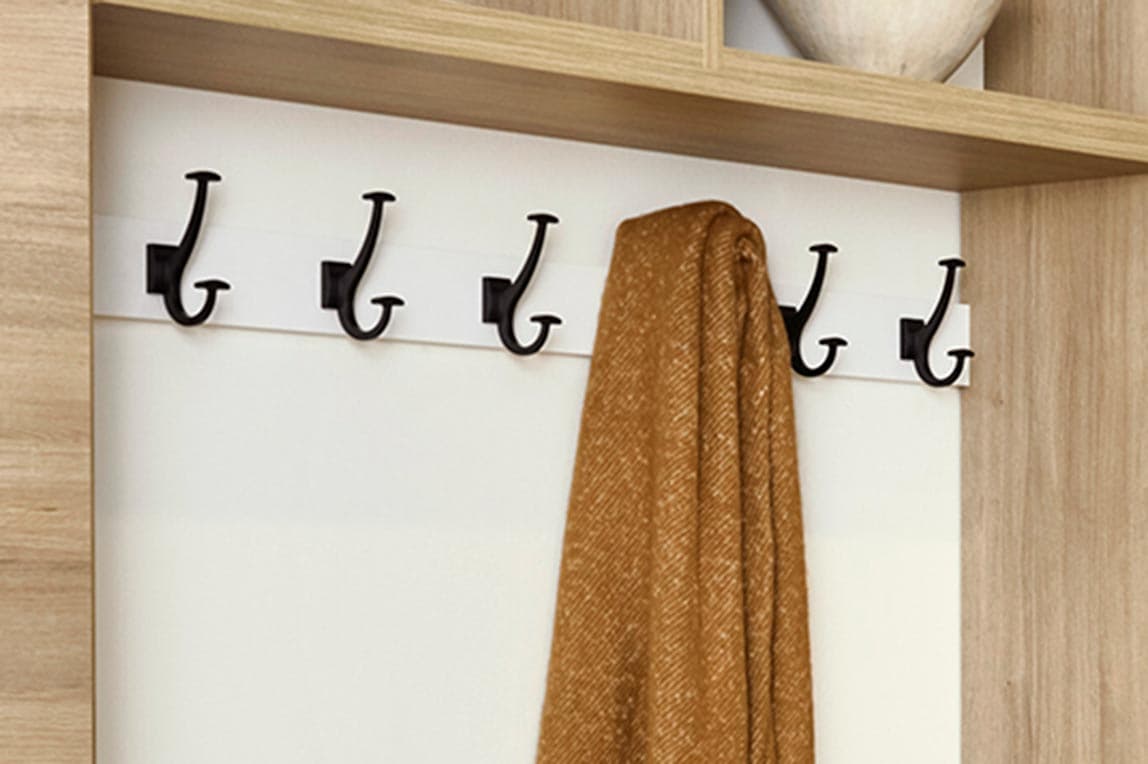 Entry bench, hooks for wardrobe open shelving below and beneath from California Closets