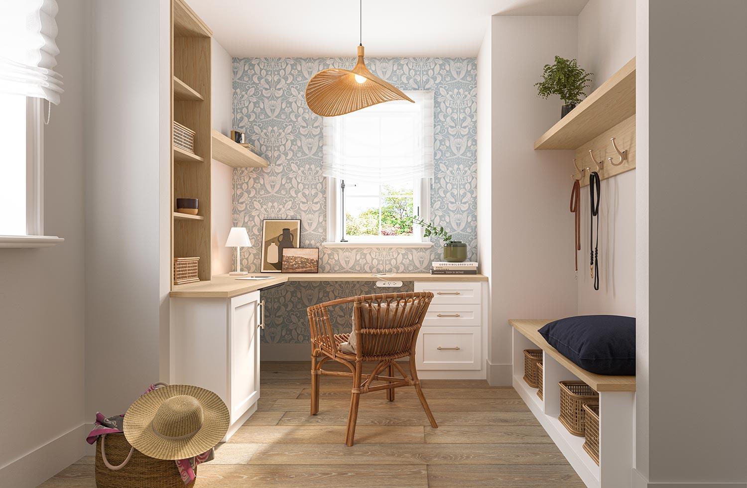 Entrada personalizada con diseño de oficina en casa y escritorio incorporado de California Closets