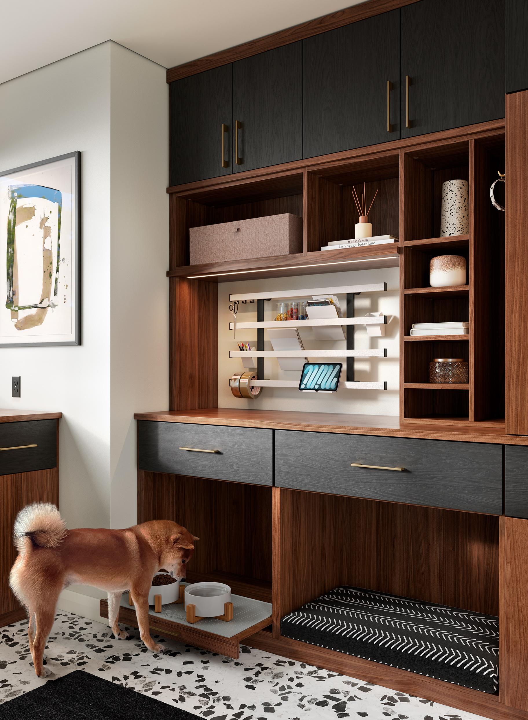 Entryway with custom storage cabinets with pet bed feeding station designed by California Closets