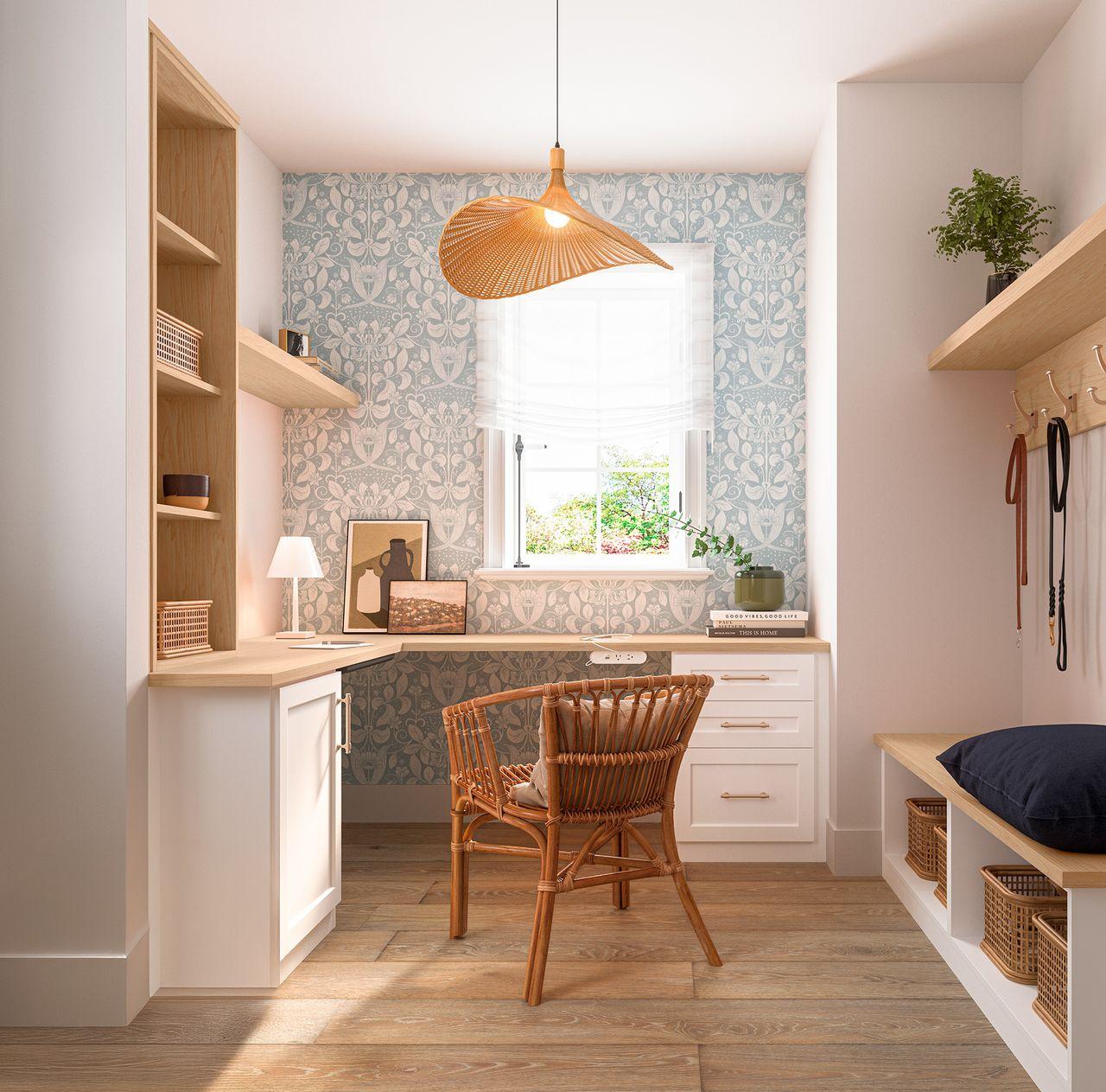 Mudroom combined home office space with custom, desk, shelves and bench from California Closets