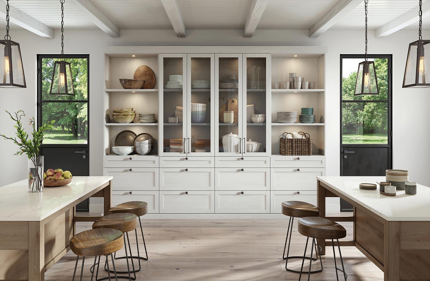 Farm-style kitchen pantry design with custom cabinets, drawers, open shelving from California Closets
