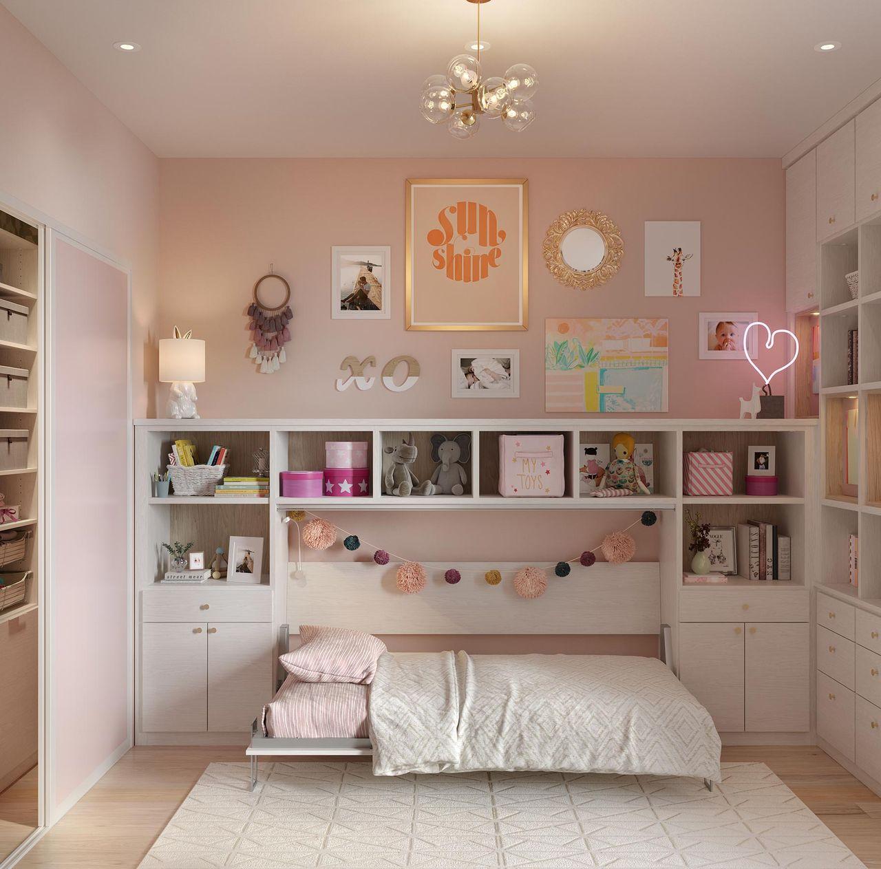 Wall bed design for a girls room with extra storage for wardrobe and toys by California Closets