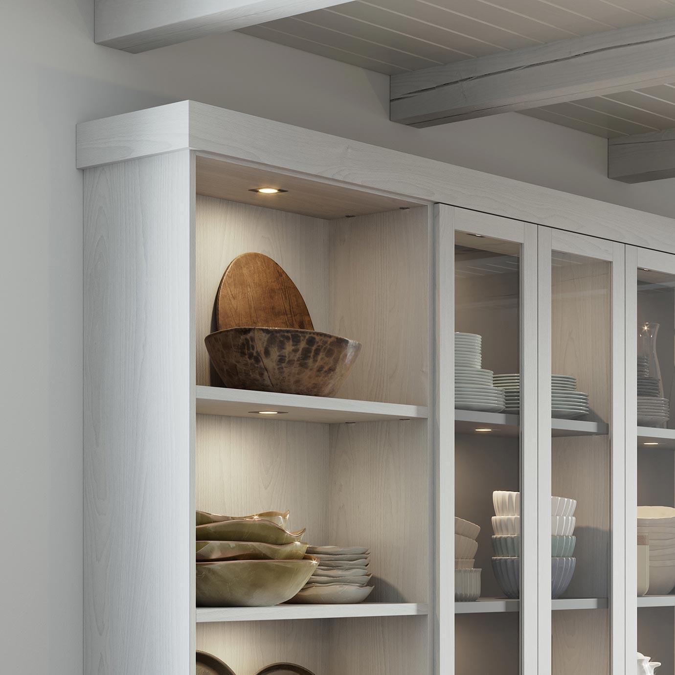 Custom pantry in kitchen with glass doors and light finish by Calfornia Closets