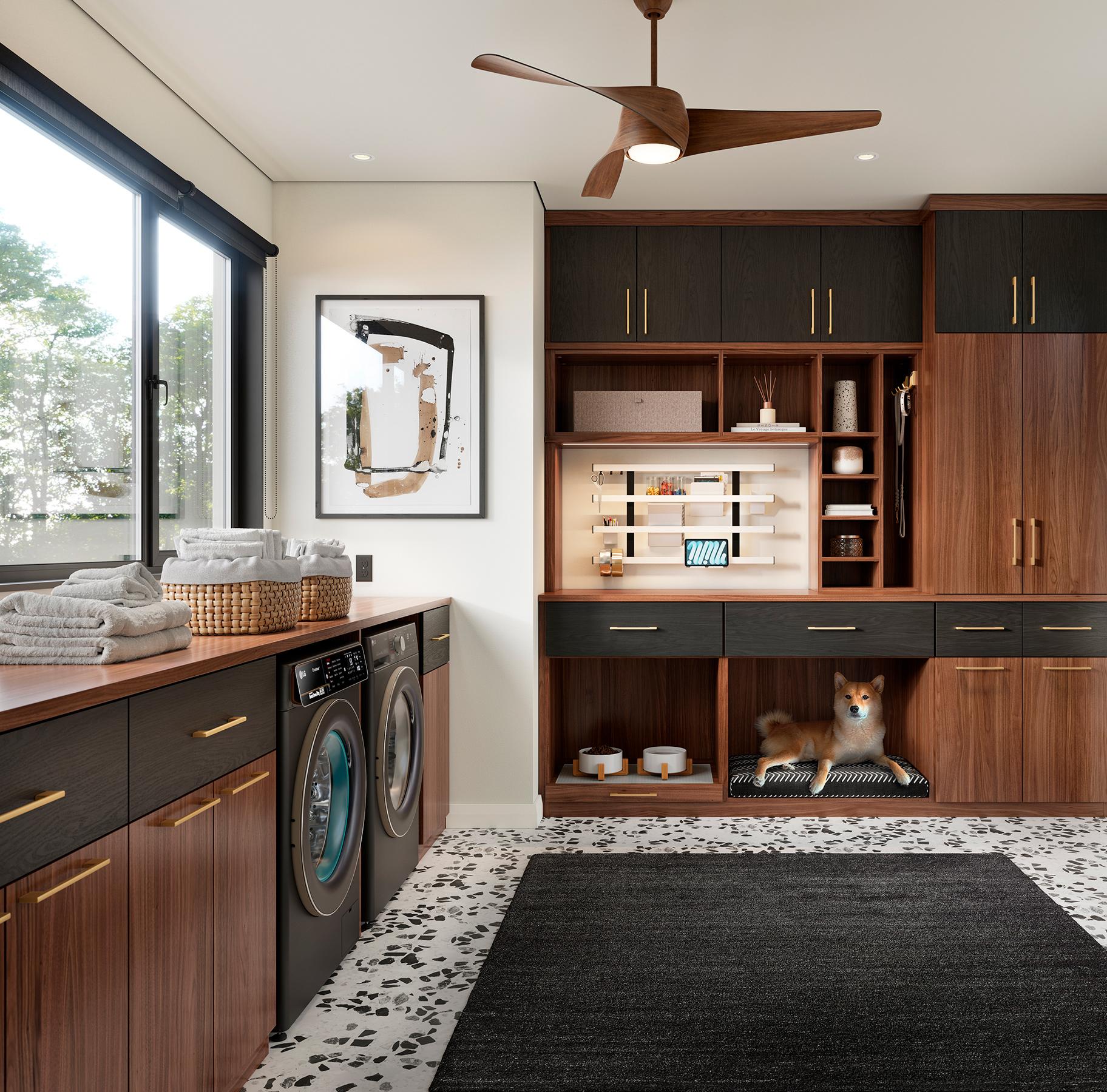 Laundry closet organization for side entrance with storage cabinets in a shadow black finish by California Closets