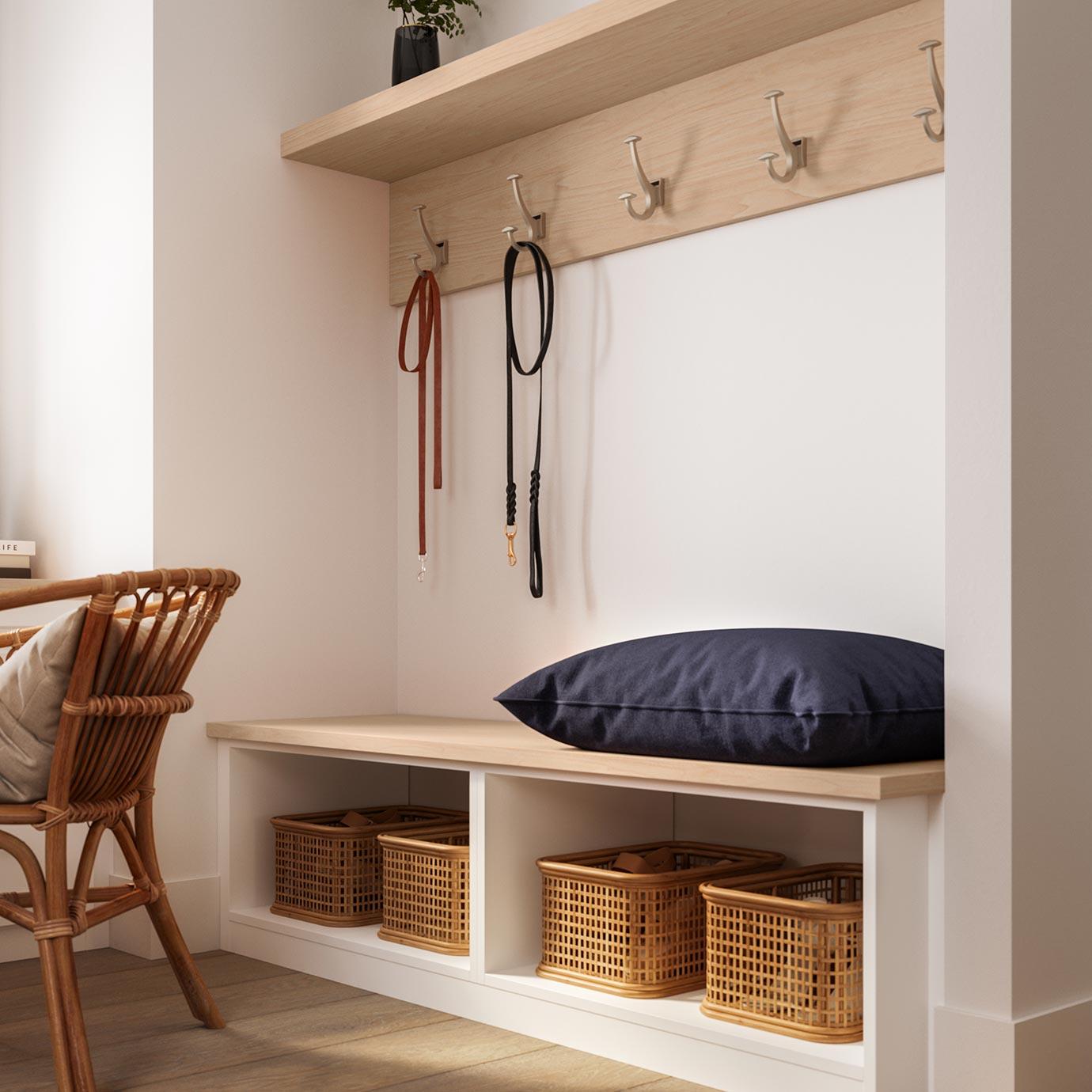 Asiento de banco de alcoba para lavadero personalizado con espacio de almacenamiento inferior por California Closets