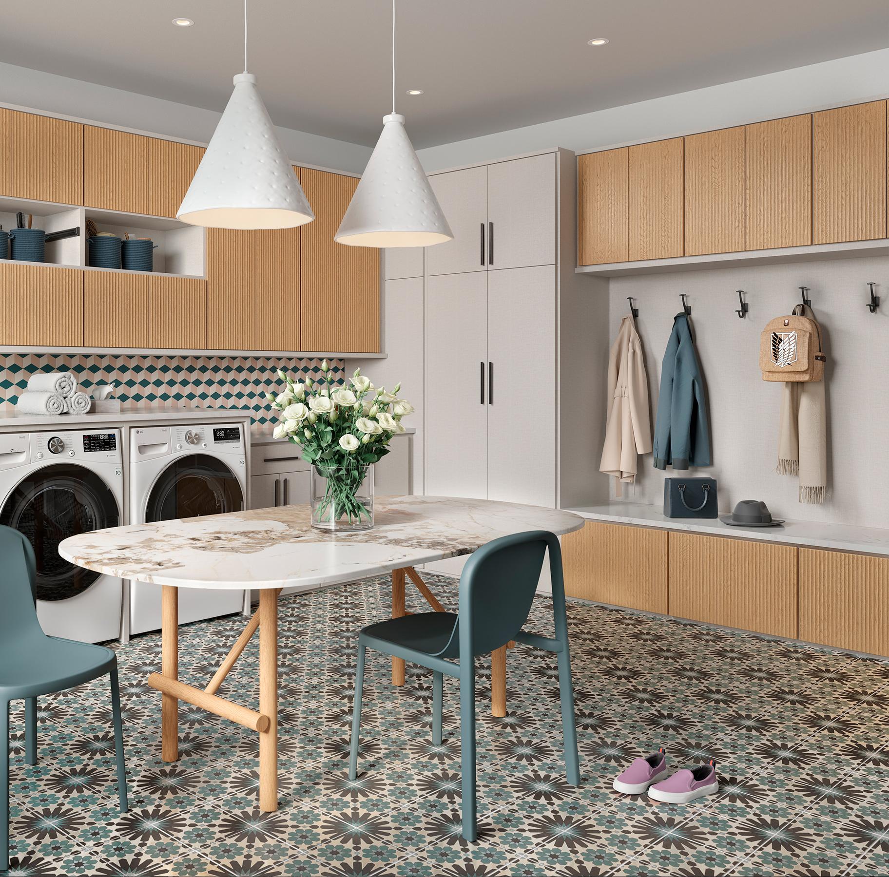 Ideas de diseño para lavaderos grandes con banco incorporado con espacio de almacenamiento de California Closets