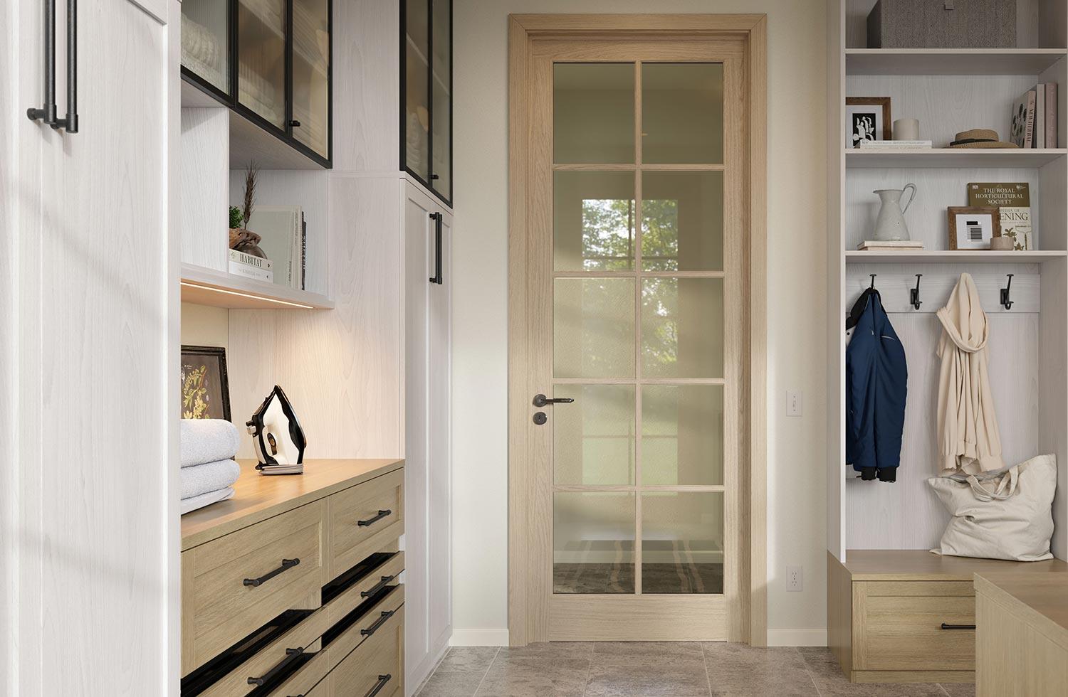 Entryway storage bench in a shared laundry room designed by California Closets