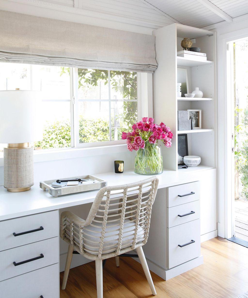 White cottage style home office with custom desk and shelves by California Closets