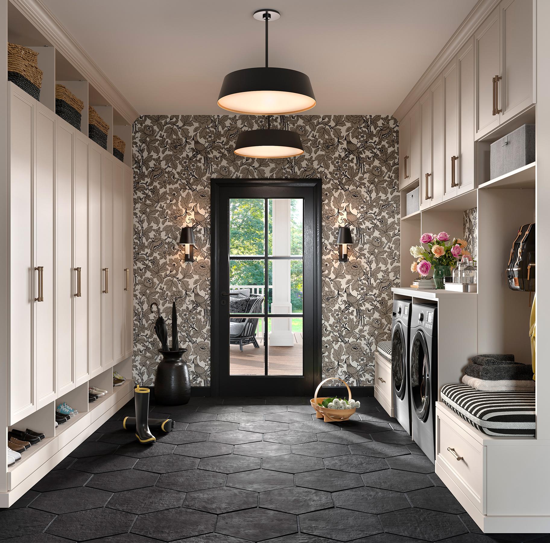 Entryway laundry room ideas with custom cabinets and storage bench seating by California Closets