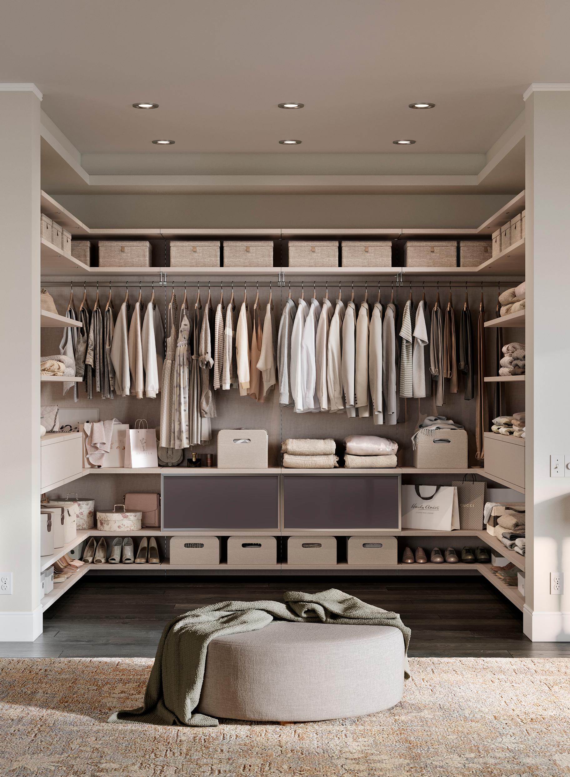 Custom walk in closet with open storage shelving space and hanging clothes space by California Closets