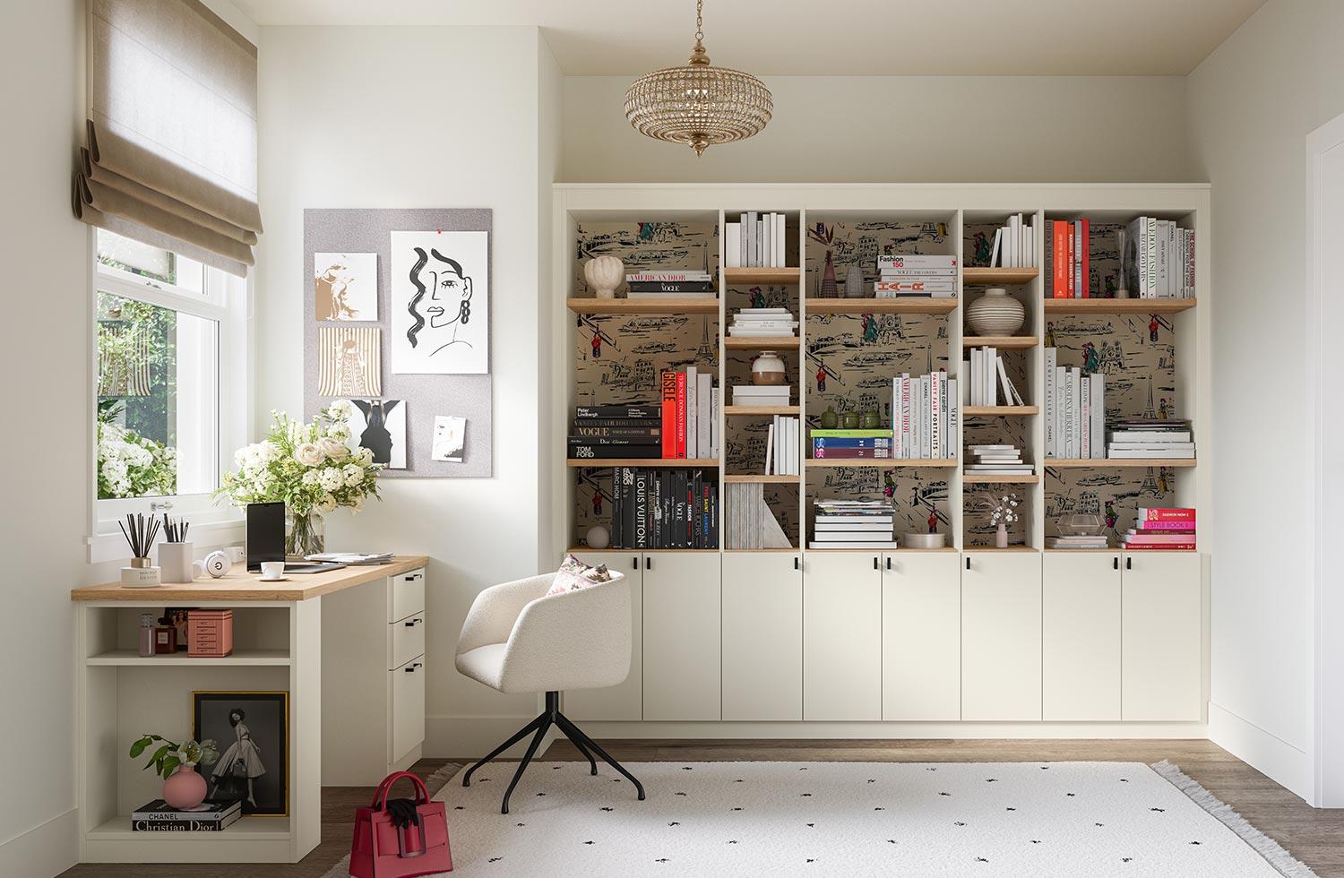Bookcase design built in to wall in a home office designed by California Closets