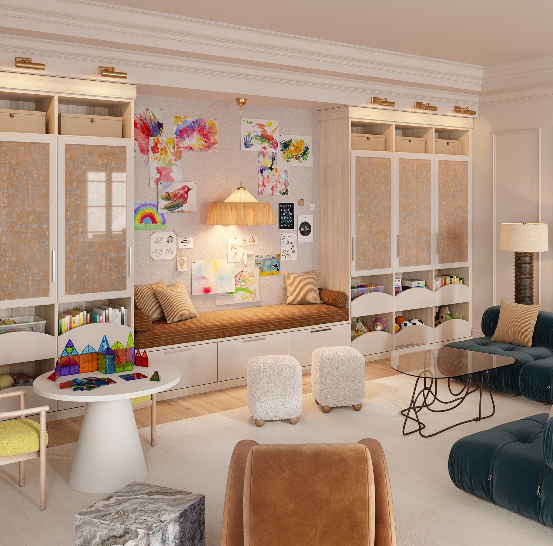 Sala de estar personalizada con área de juegos en un acabado con veta de madera de huerto brumoso de California Closets