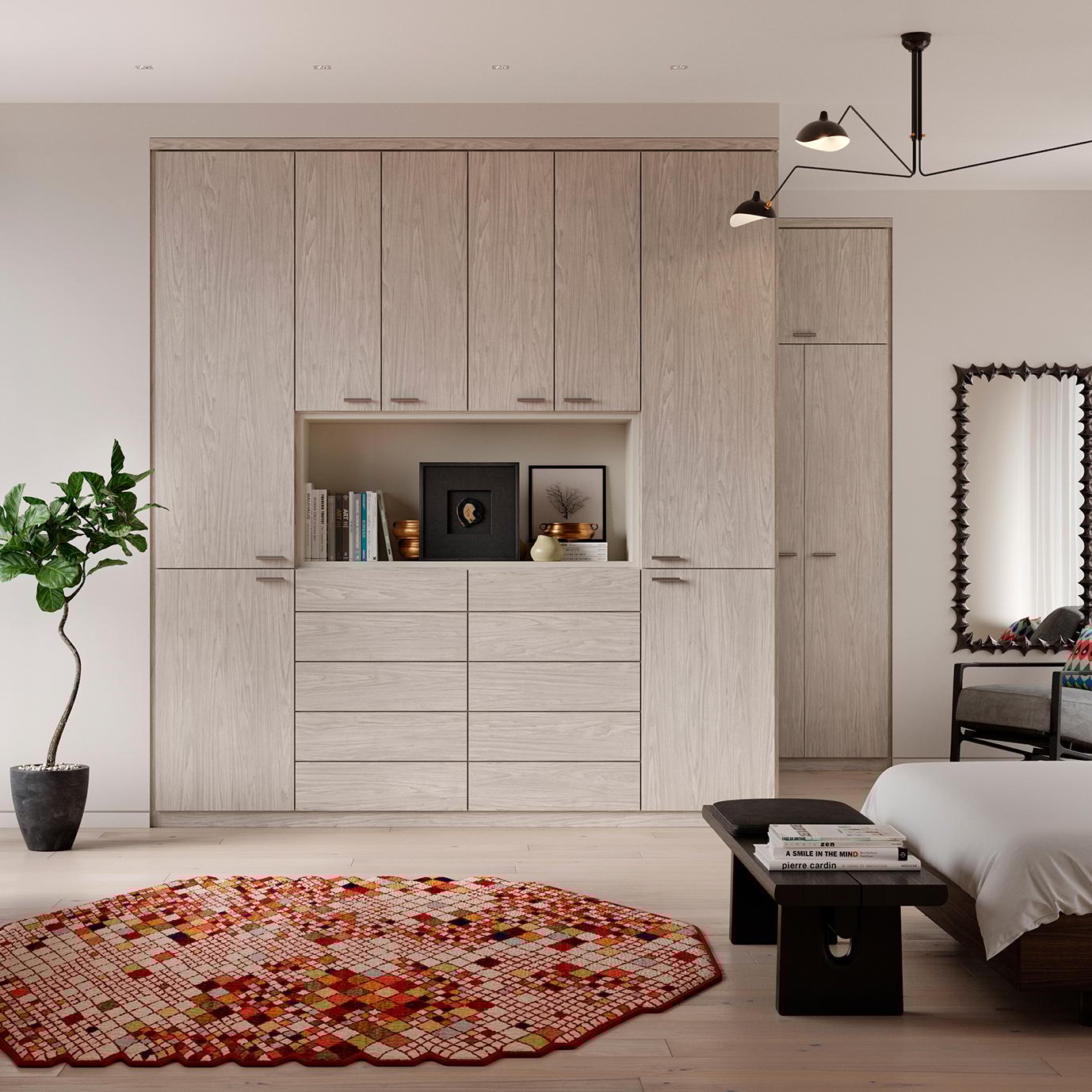 Armario de dormitorio personalizado, gabinetes empotrados, cajones, estante abierto con acabado de madera clara, espacio de almacenamiento de piso a techo de California Closets