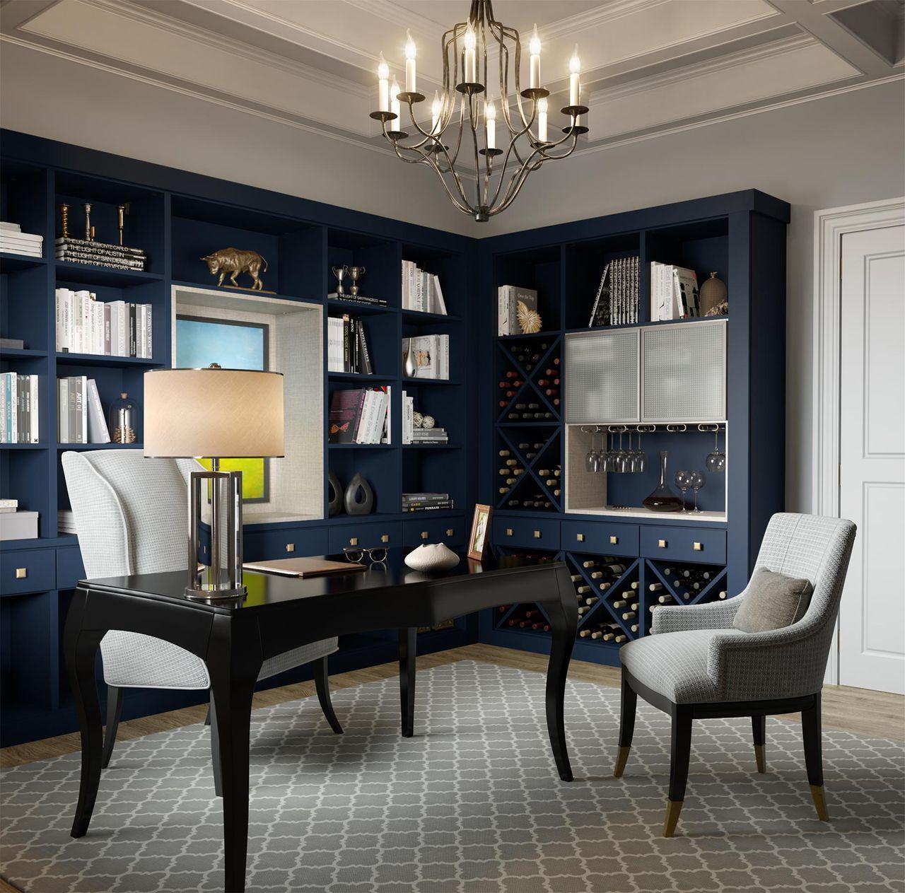 Oficina elegante con almacenamiento de vinos en acabado azul mate por California Closets