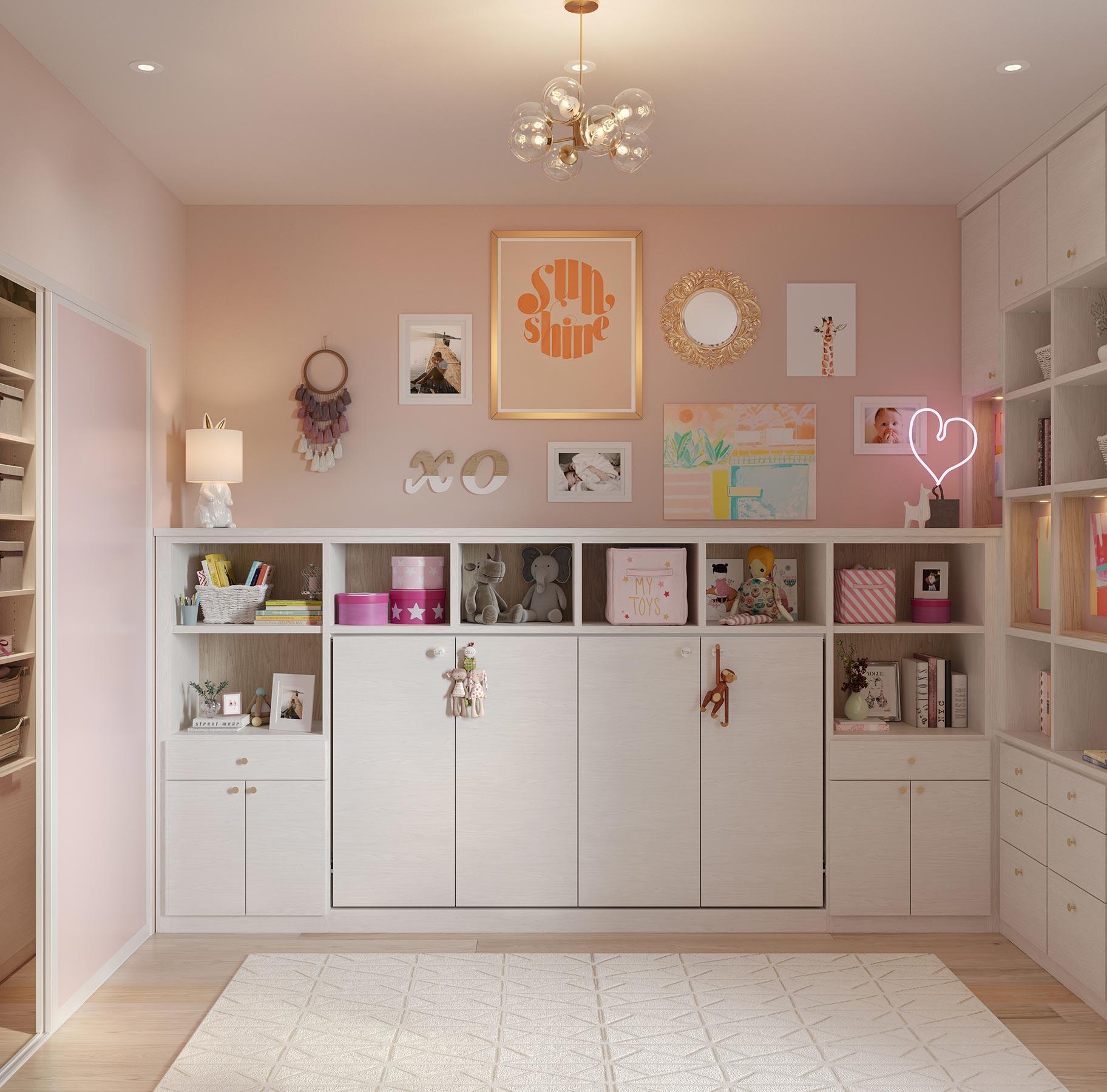 Sala de juegos con cama plegable fabricada en acabado blanco lavado por California Closets