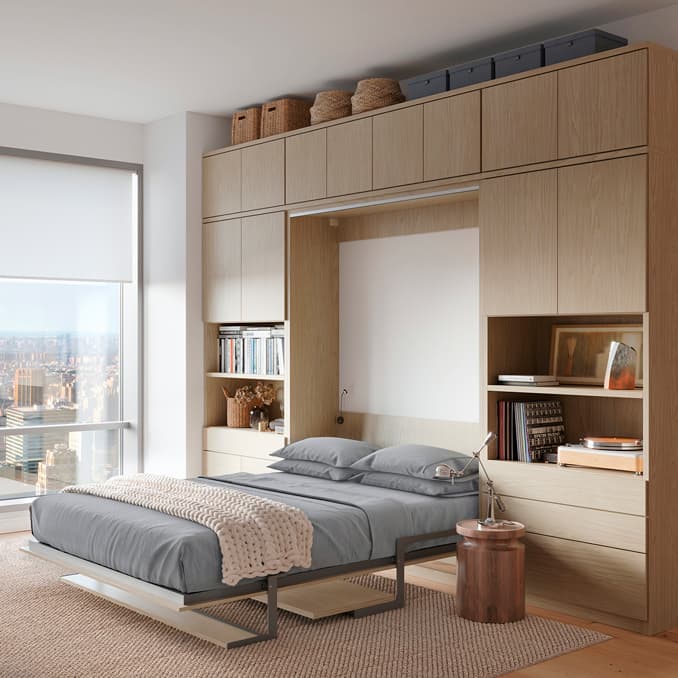 Cama plegable estilo Murphy con armarios de almacenamiento y estanterías integrados de California Closets