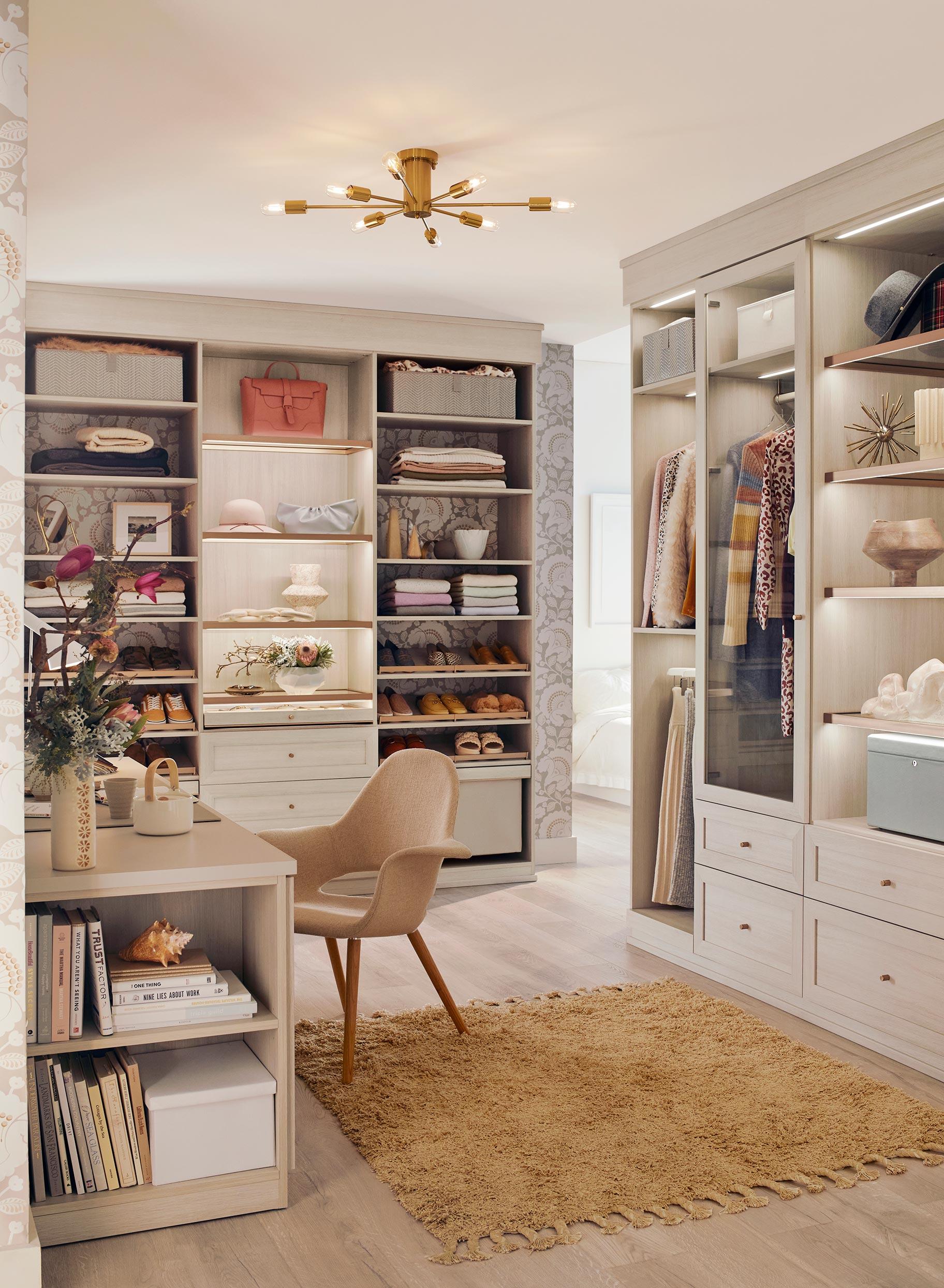 Best walk-in closet design with vanity desk and full shoe and accessory storage from California Closets