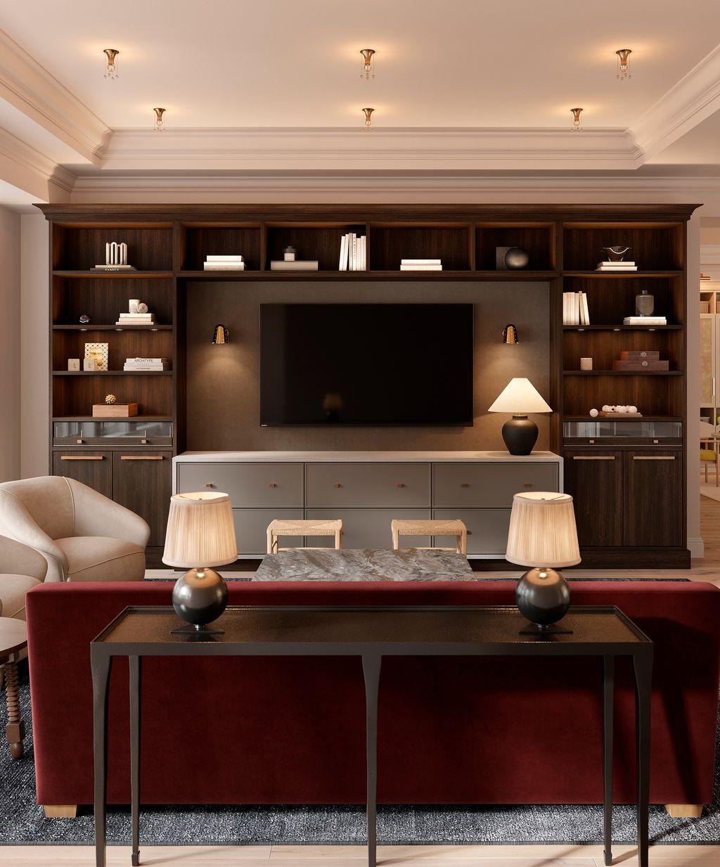 Custom cabinets with open shelving and LED lighting in a dark wood grain finish created by California Closets