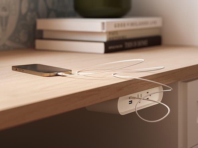 Home office desk with charger built in custom made universal accessories by California Closets