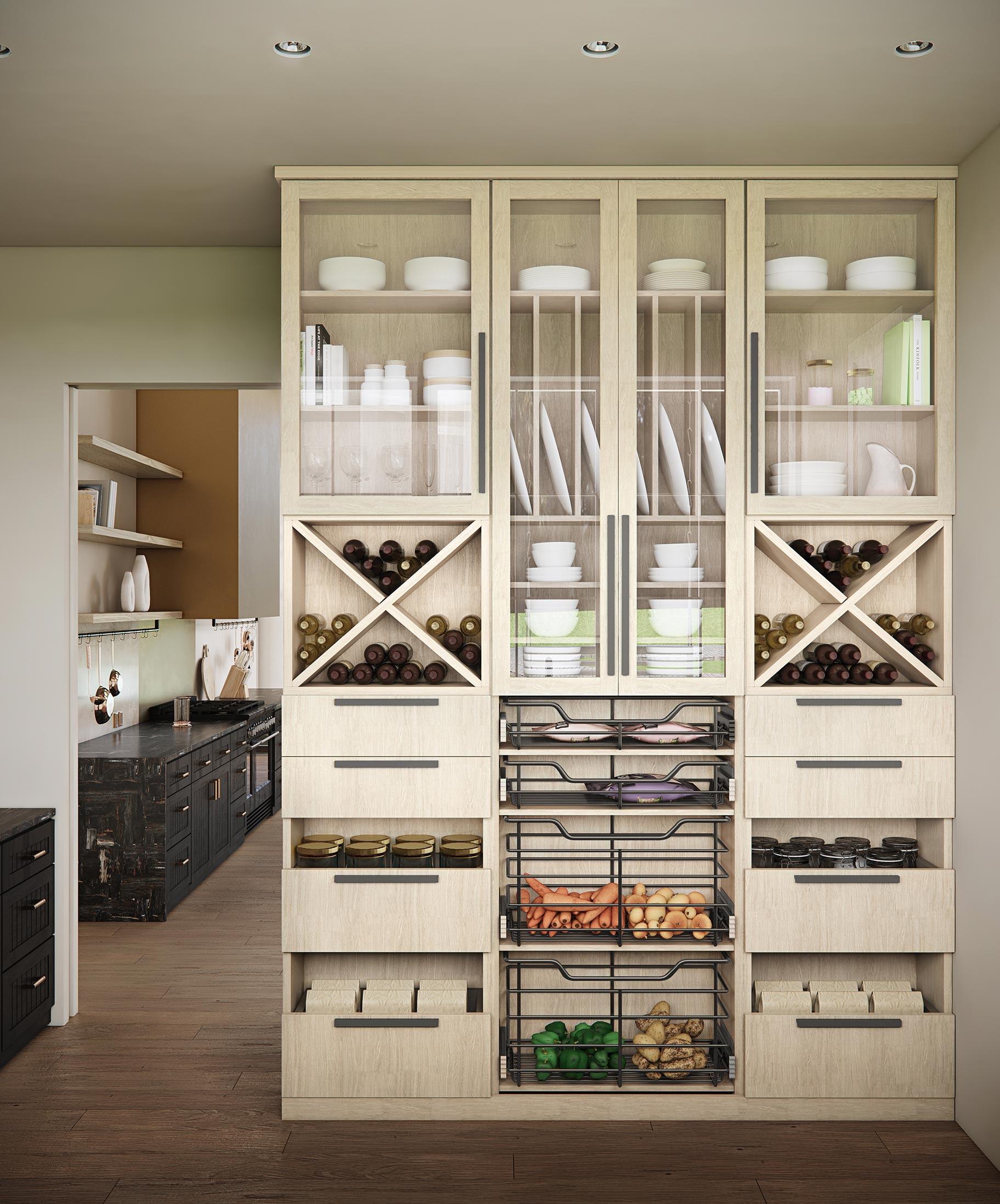 Diseño de despensa de cocina de piso a techo con cubículos para vinos de California Closets