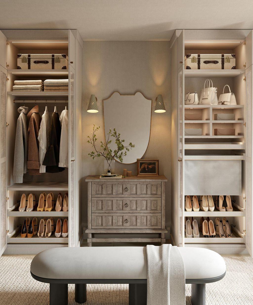 Diseno personalizado de armario vestidor femenino con puertas de gabinete de ecoresina por California Closets