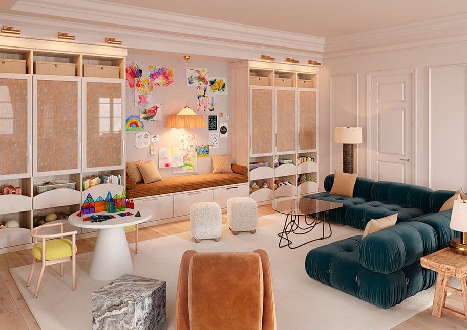 Proyecto de colaboración de Jeremiah Brent: sala de juegos con espacio de sala de estar y almacenamiento, de California Closets