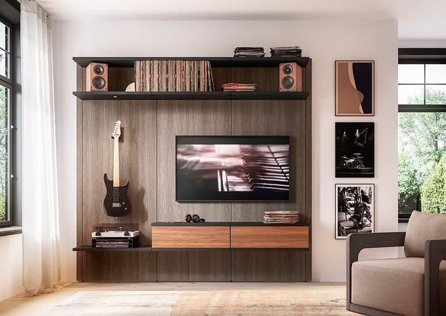 Sala de estar personalizada inspirada en la música con almacenamiento incorporado para medios de California Closets