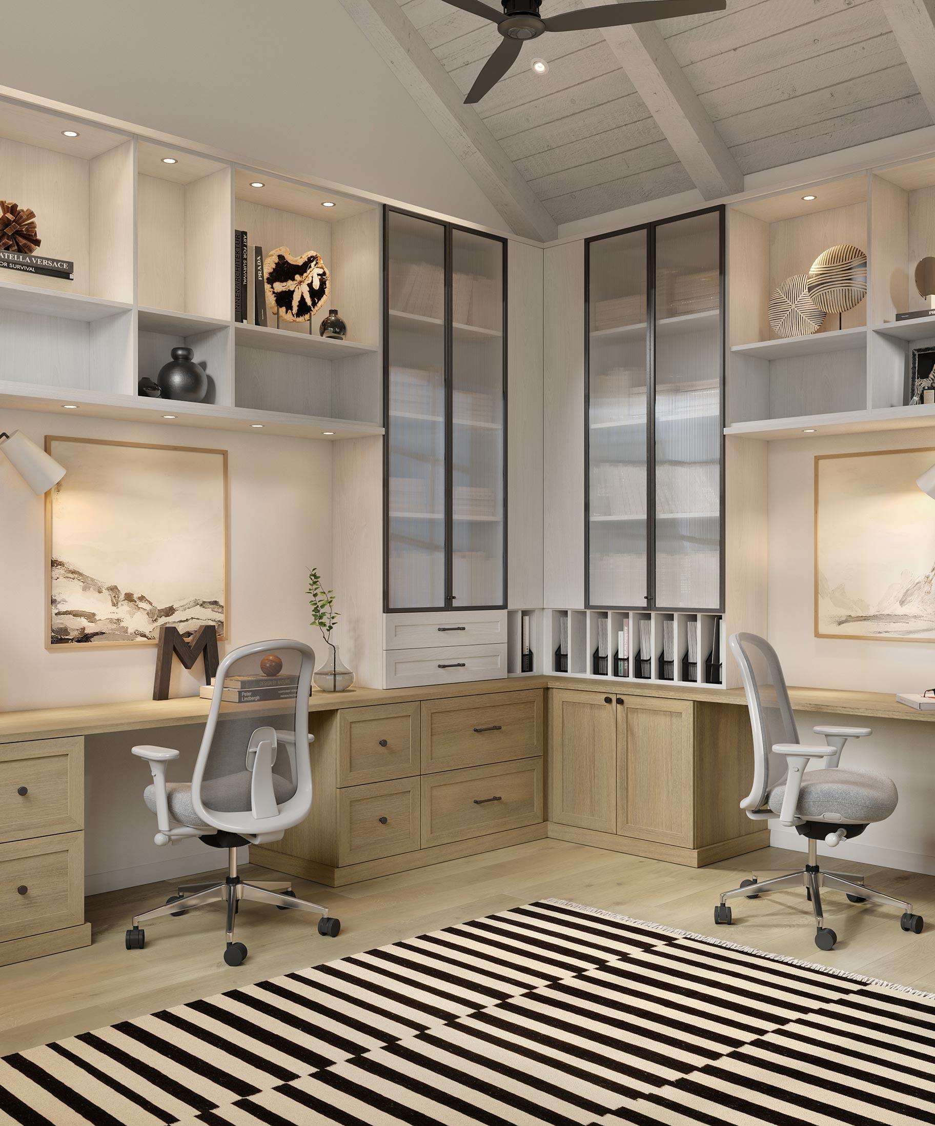 Acabados y materiales complementarios en roble claro, grafito y aluminio en oficina personalizada en casa por California Closets