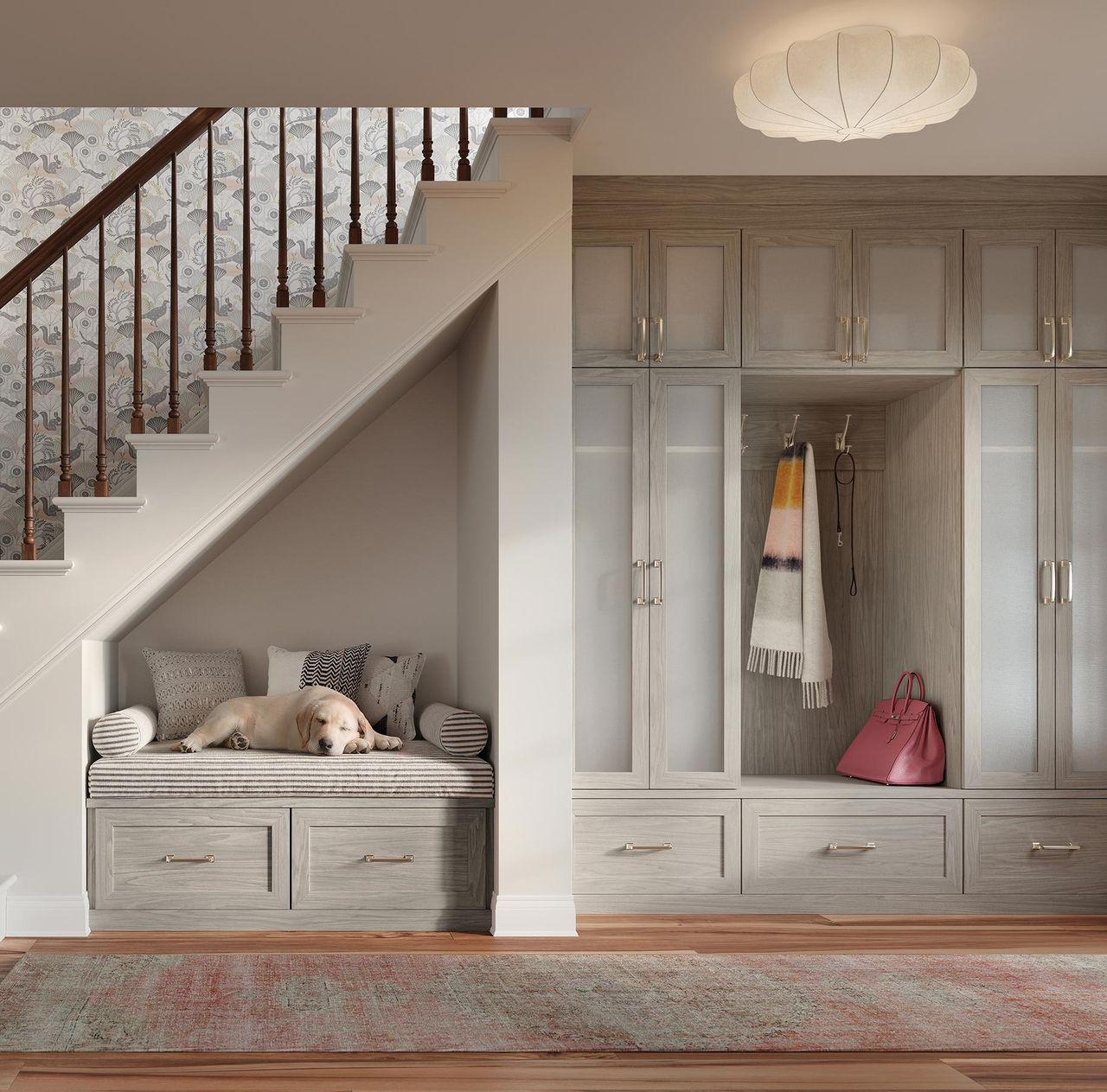 Diseño de armario personalizado en entrada con banco para mascotas de California Closets