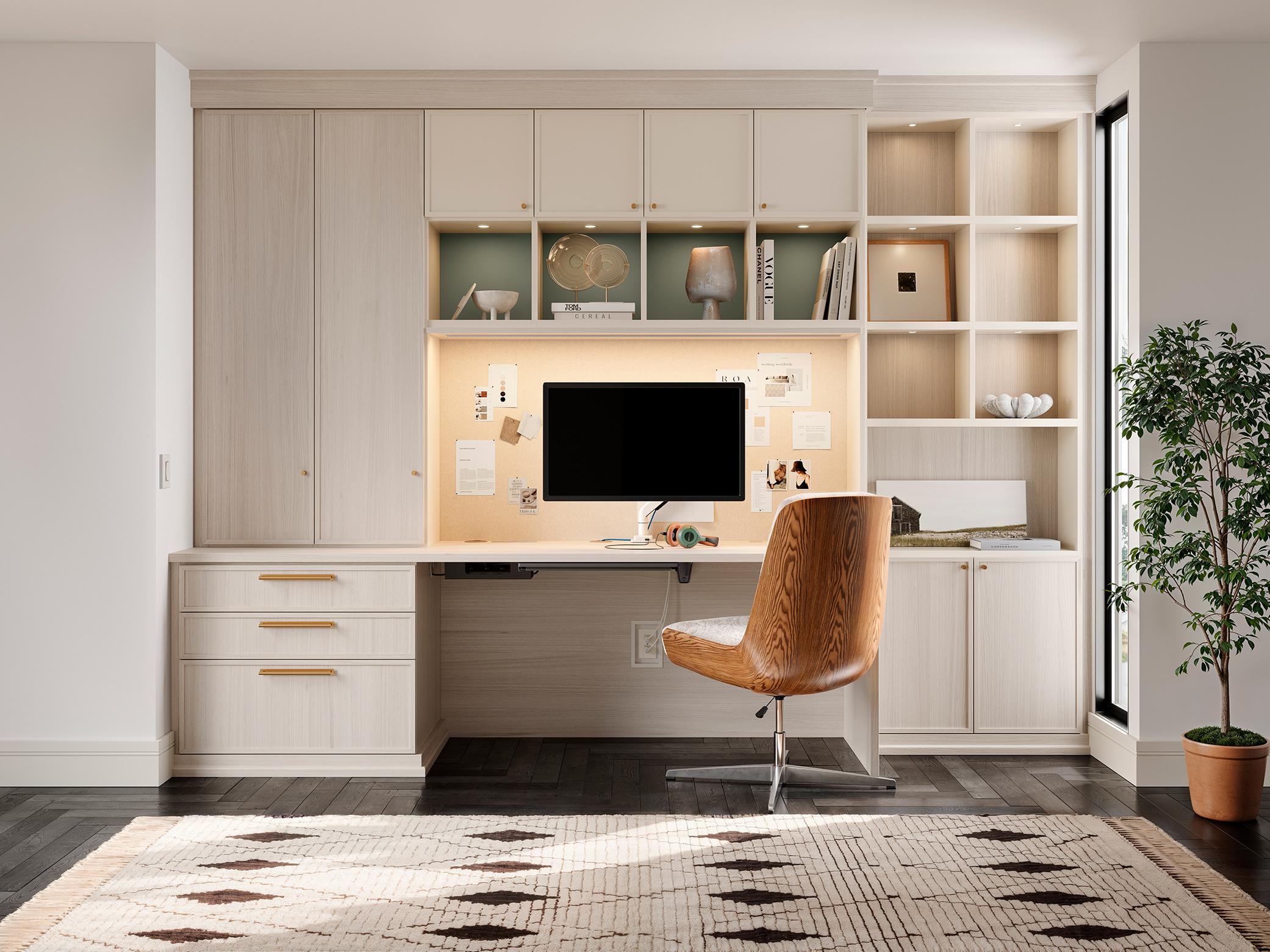 Oficina en casa moderna con gabinete tipo hutch empotrado, estanterías abiertas y almacenamiento cerrado sobre el escritorio