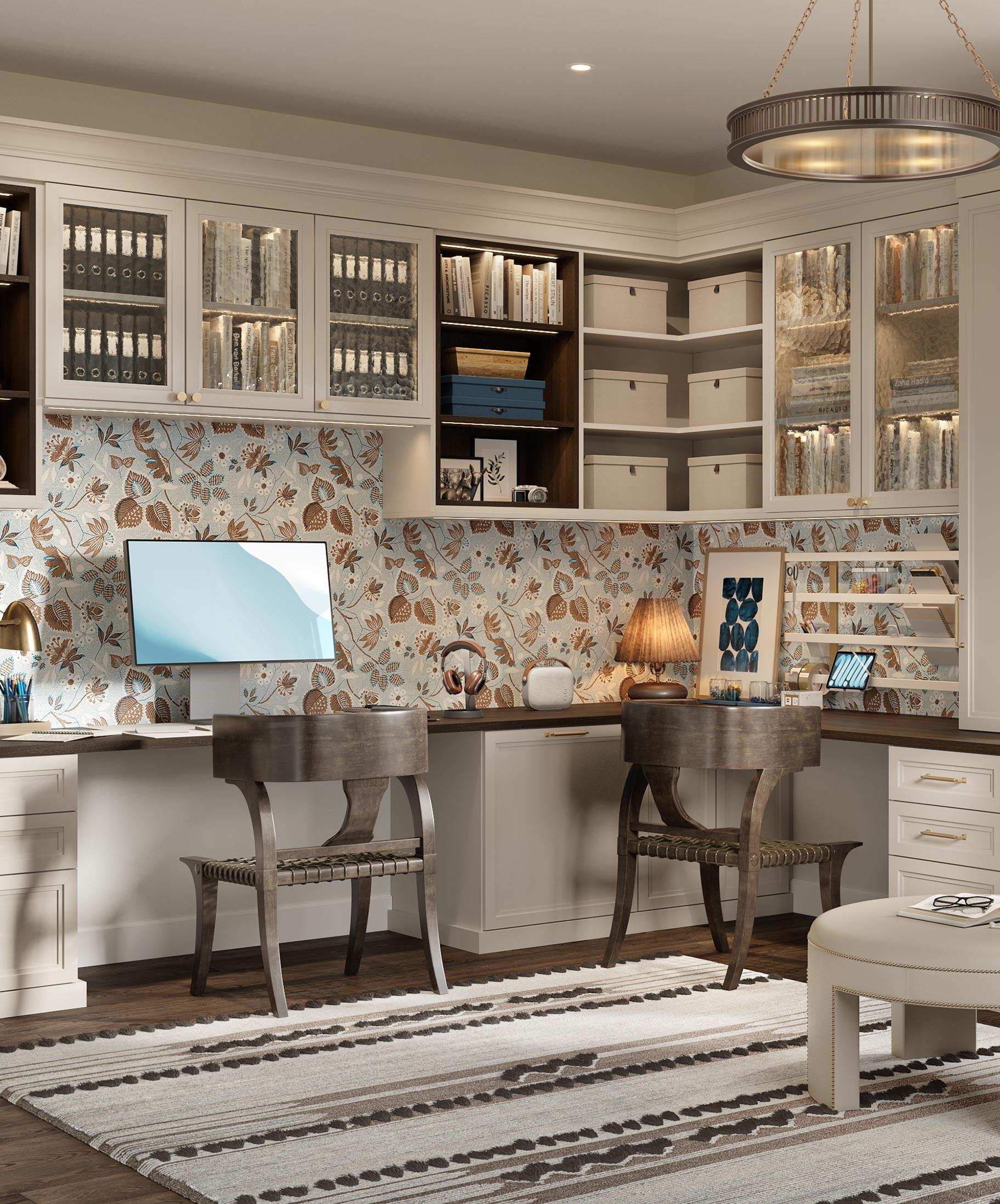 Diseno de oficina compartida con escritorio doble en acabado mate de madera con banco por California Closets