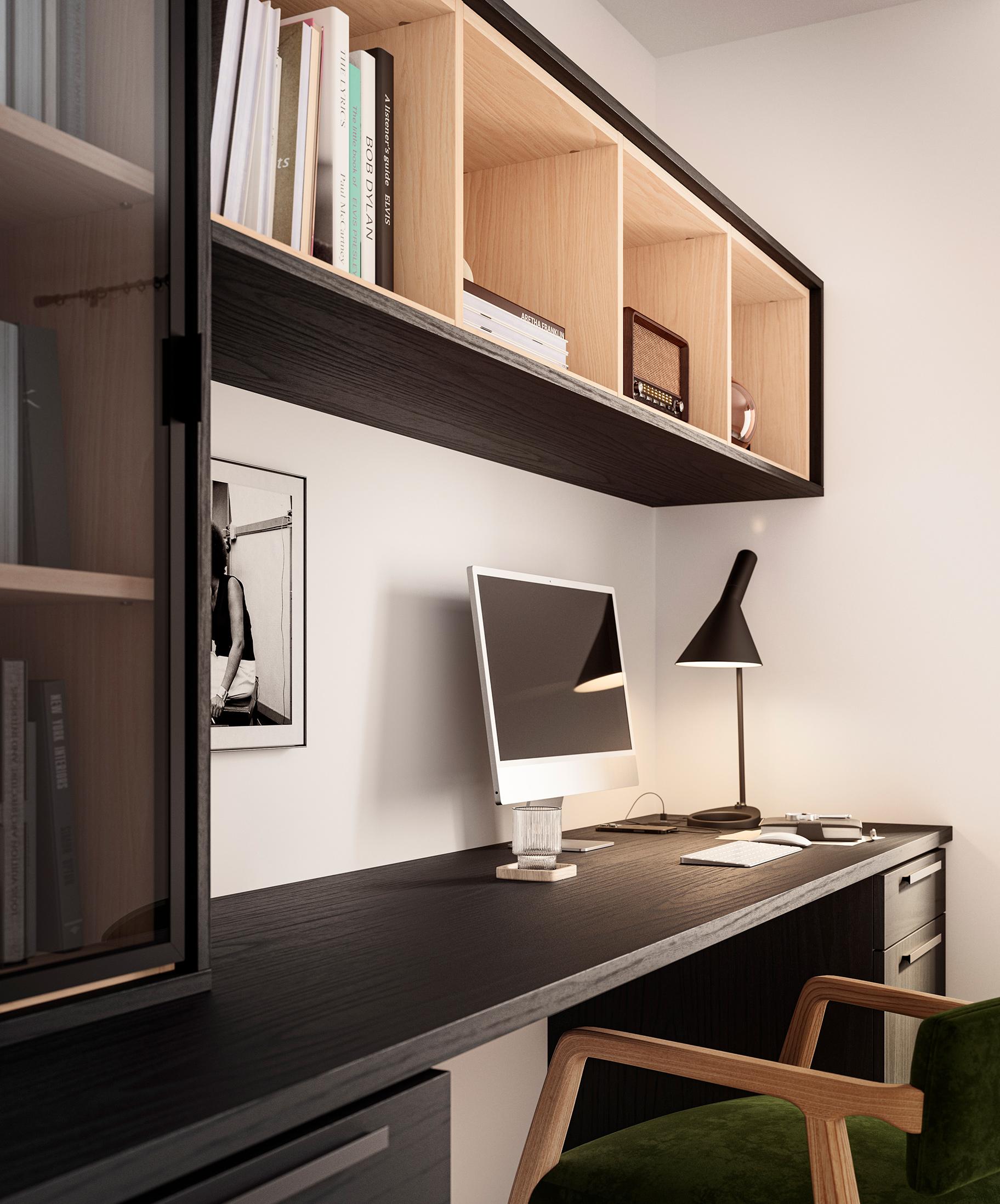 Oficina moderna para el hogar diseñada con estanterías personalizadas, iluminación y escritorio creado por California Closets