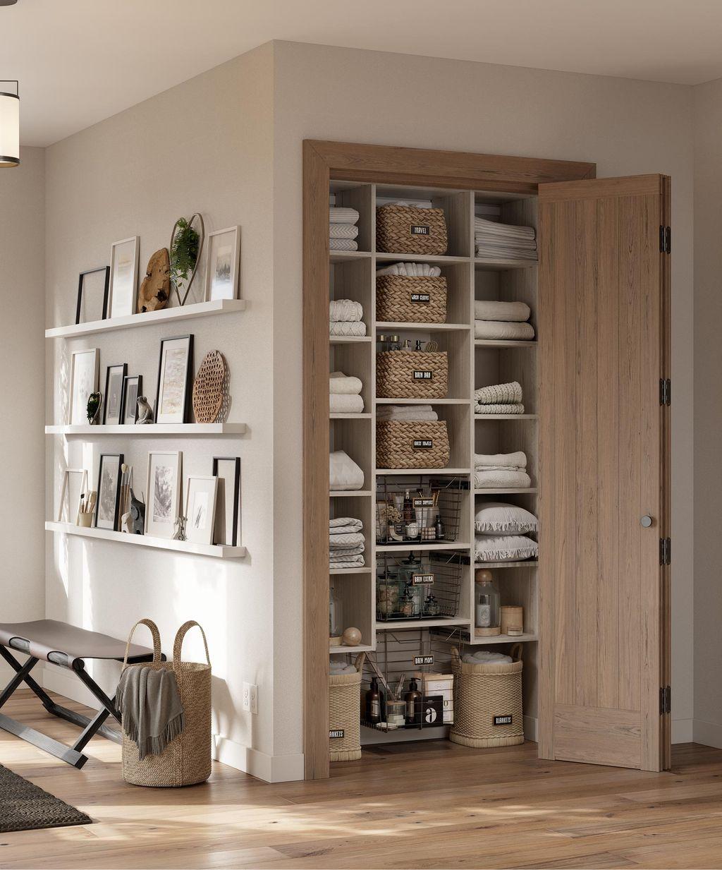 Armario de pasillo diseñado por California Closets para organizar y guardar artículos de baño y lencería