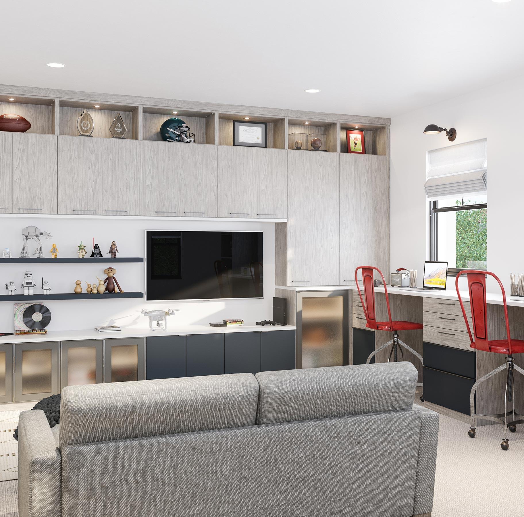 Custom family room workspace with entertainment center by California Closets