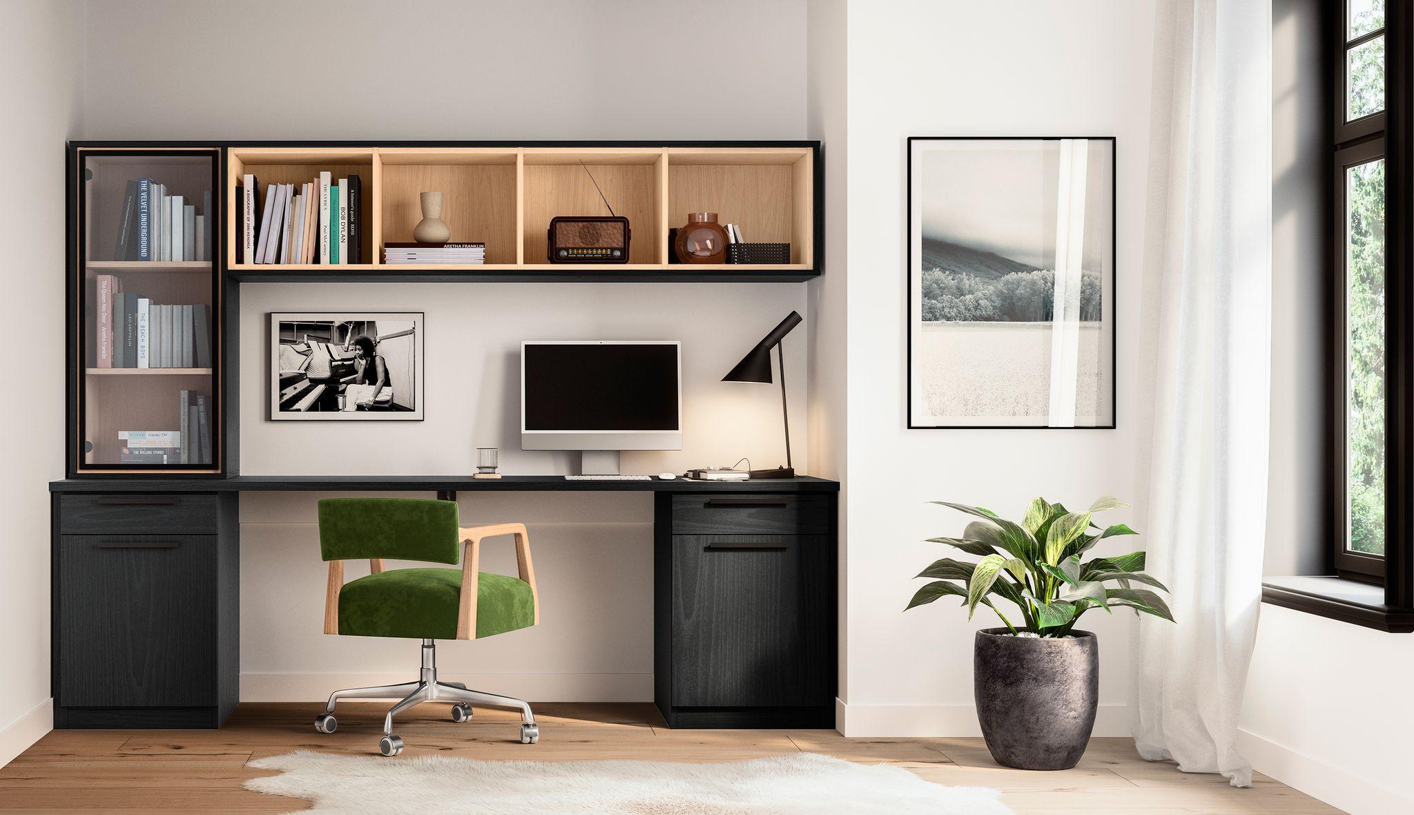 Desk, drawers, and cabinets built for home workspace by California Closets