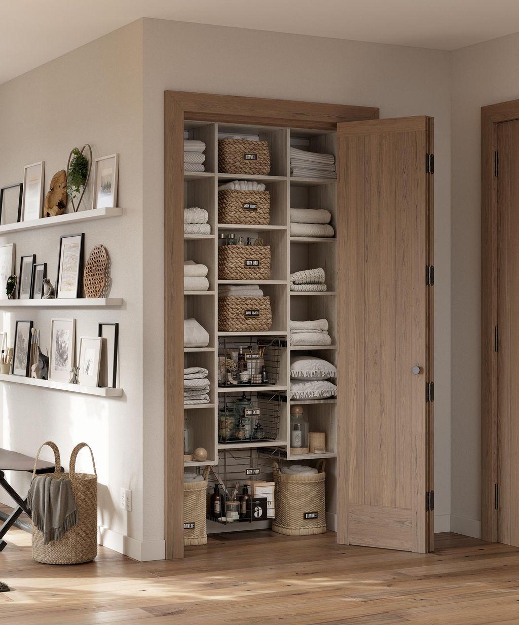 Hallway linen closet design with open shelving for towels and sheets by California Closets