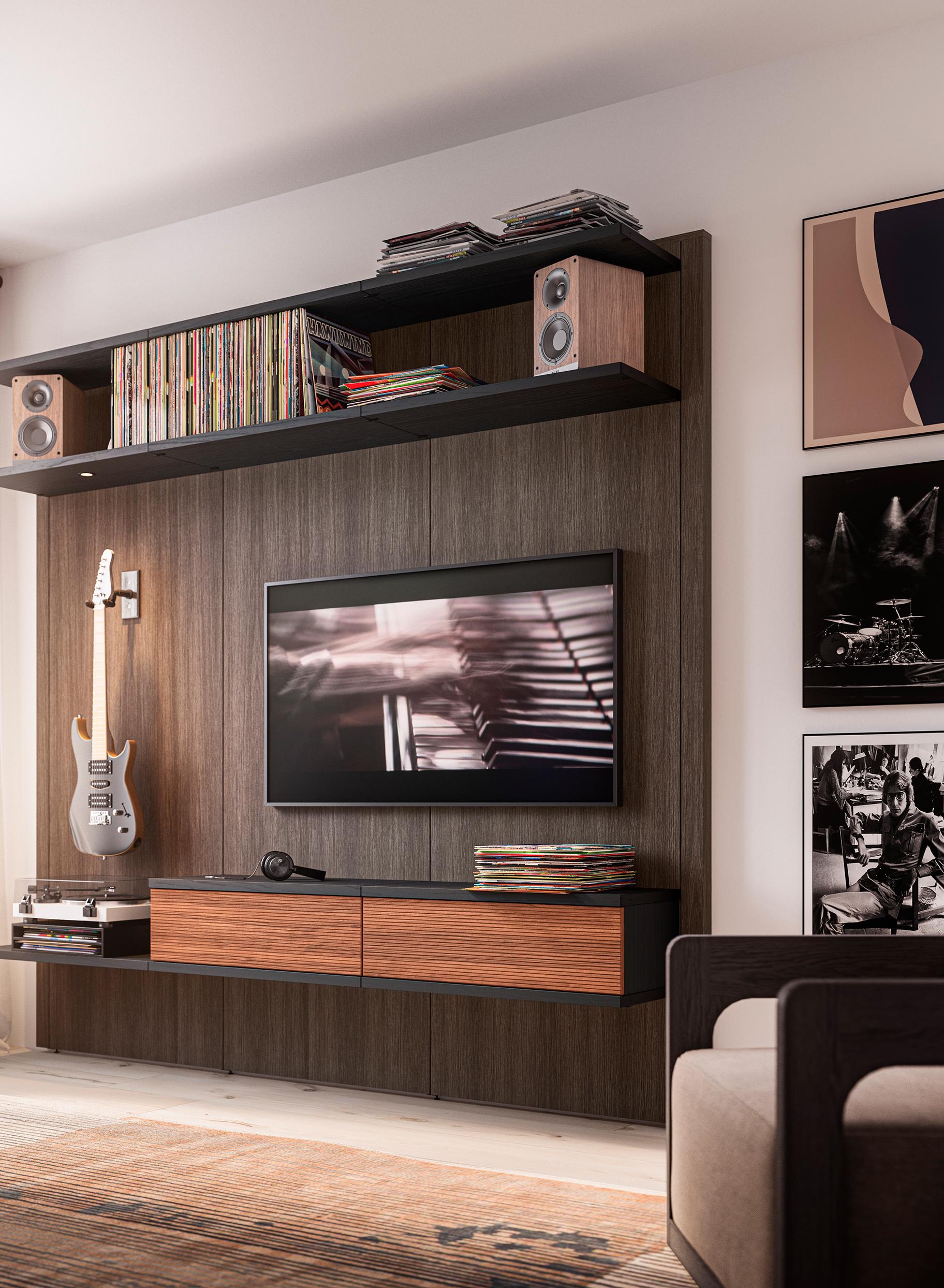 Home media wall and entertainment center design with open shelves and floating cabinet storage by California Closets