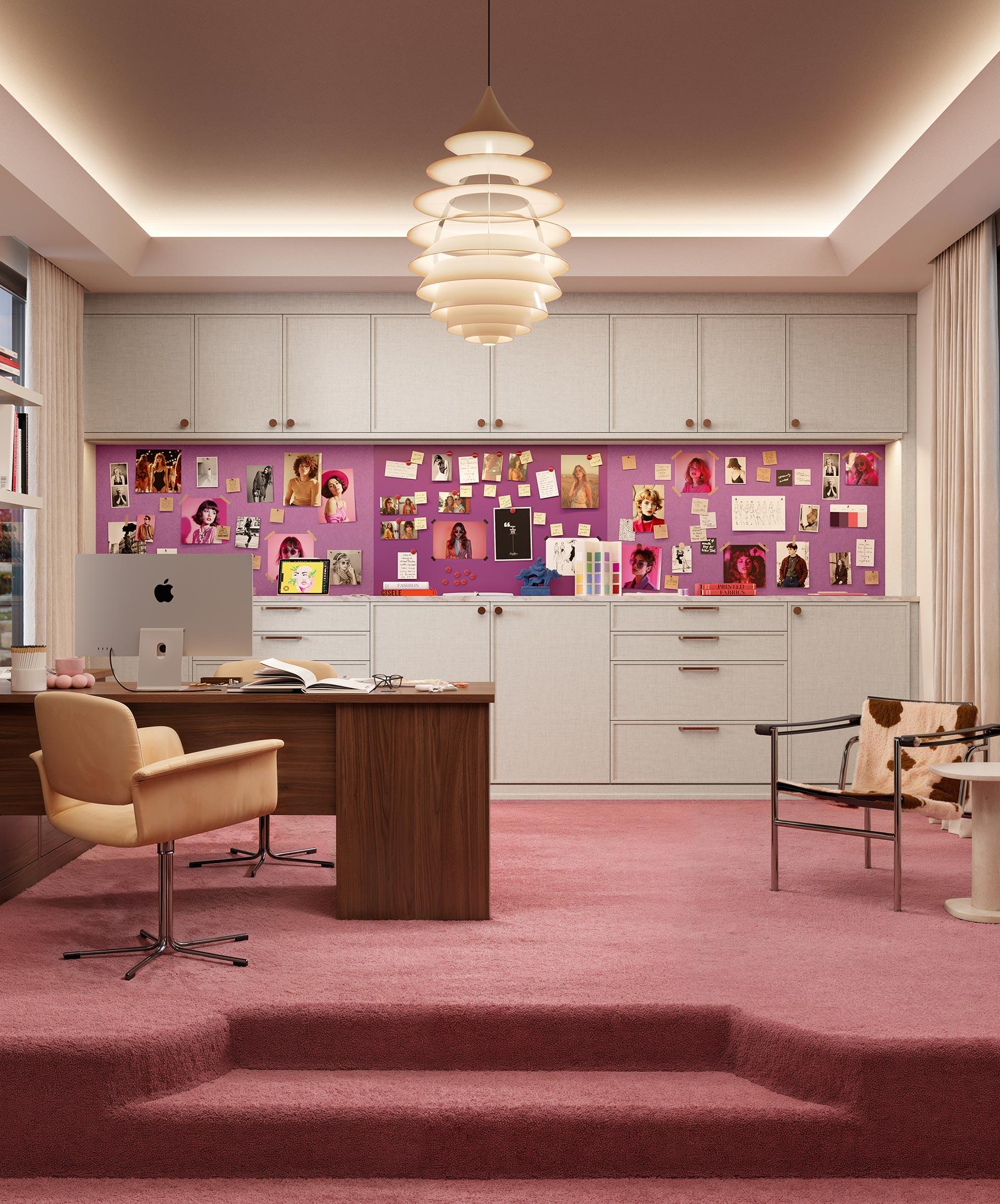 Sasha Bikoff designed retro home office, custom storage with California Closets