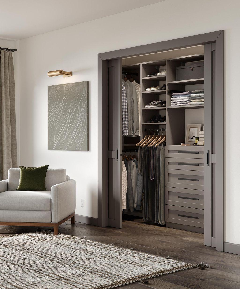Grey custom reach in closet storage designed by California Closets.