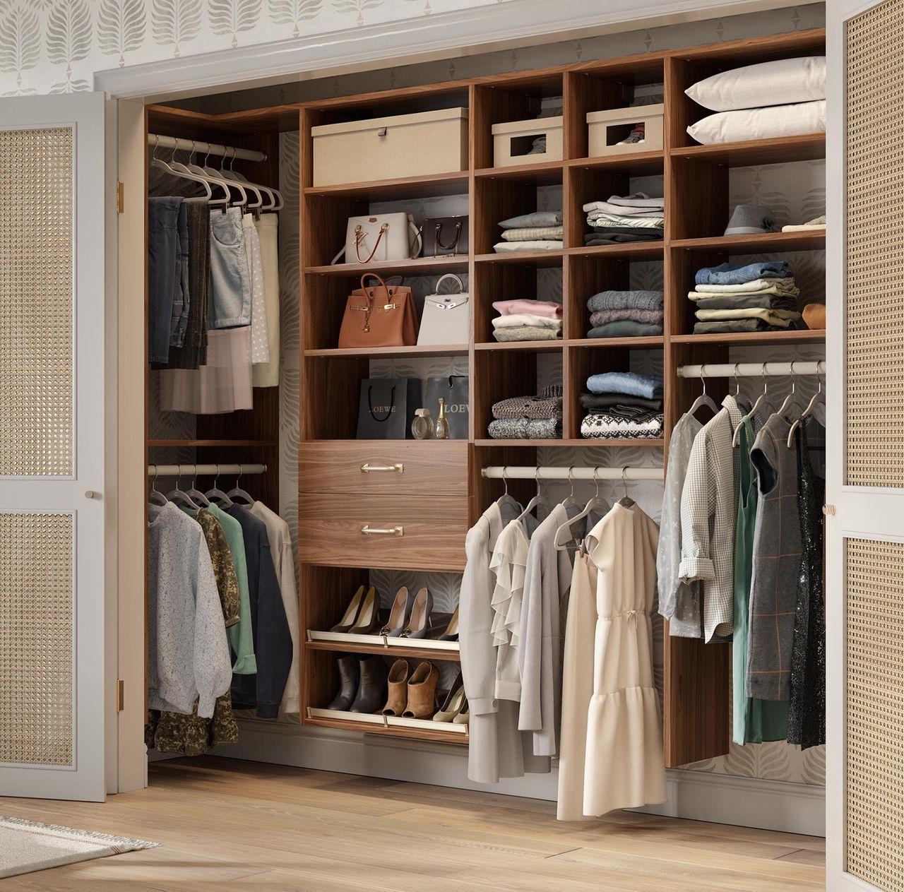 Custom closet reach in system wth adjustable shelves and cubbies from California Closets