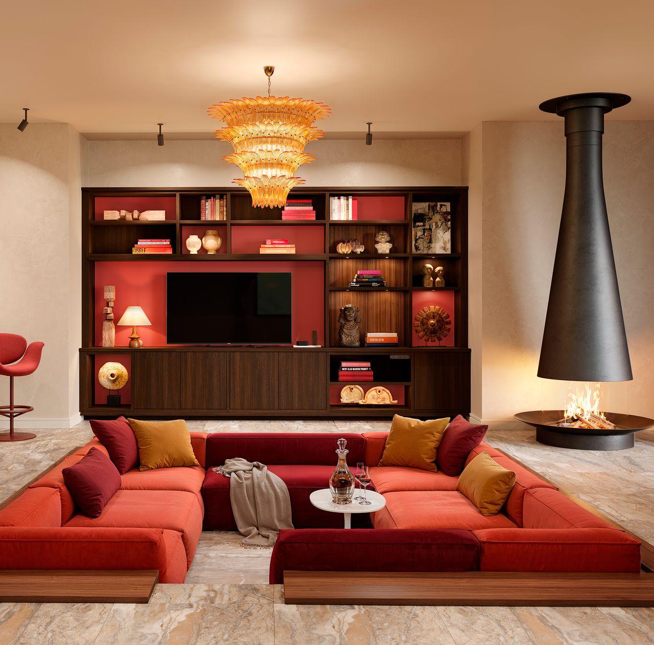 Living room desing inspired from 60s flair with custom entertainment center wall and puck lighting by California Closets