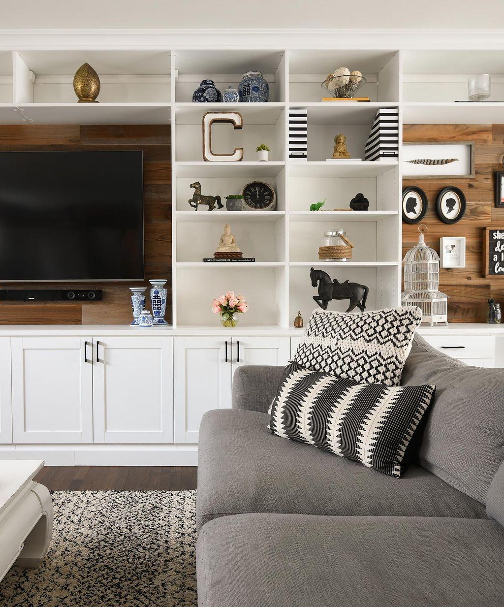 Farm-style media living room storage design shaker cabinets from California Closets