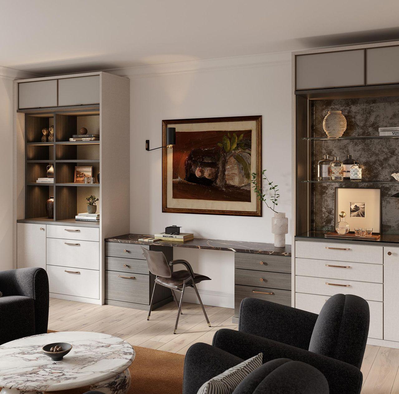 Diseño de sala con escritorio, gabinetes y barra de vinos por California Closets