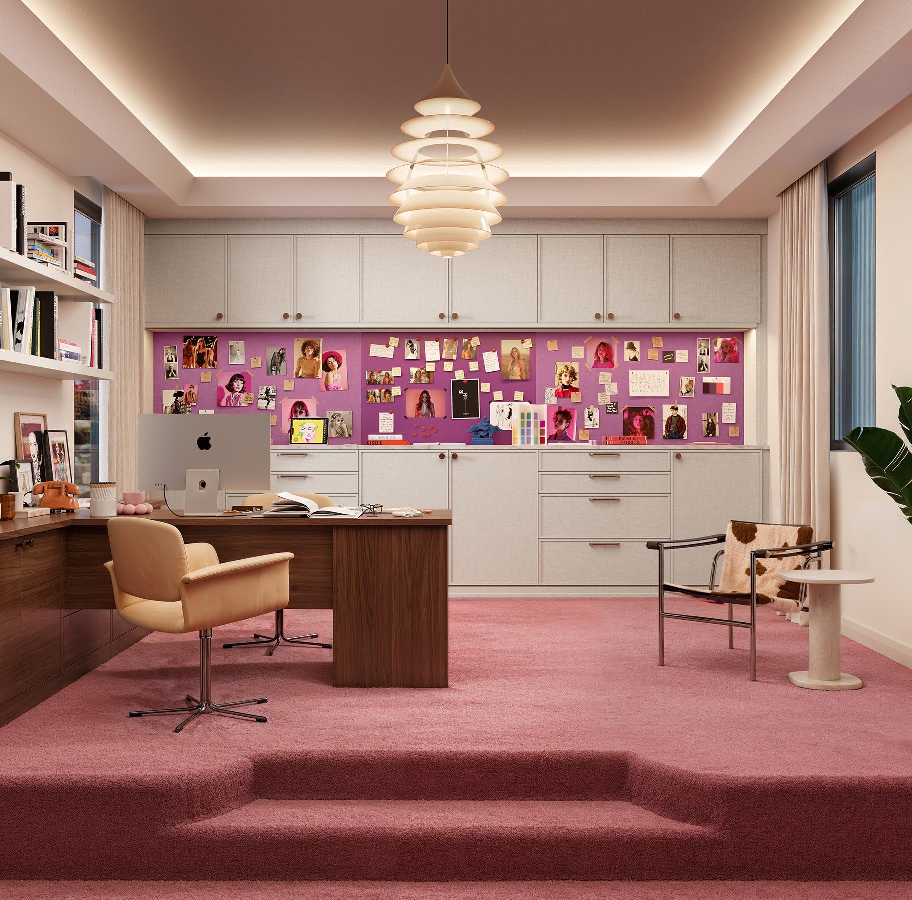 Sasha Bikhoff 70s-inspired home office design with custom storage cabinets from California Closets