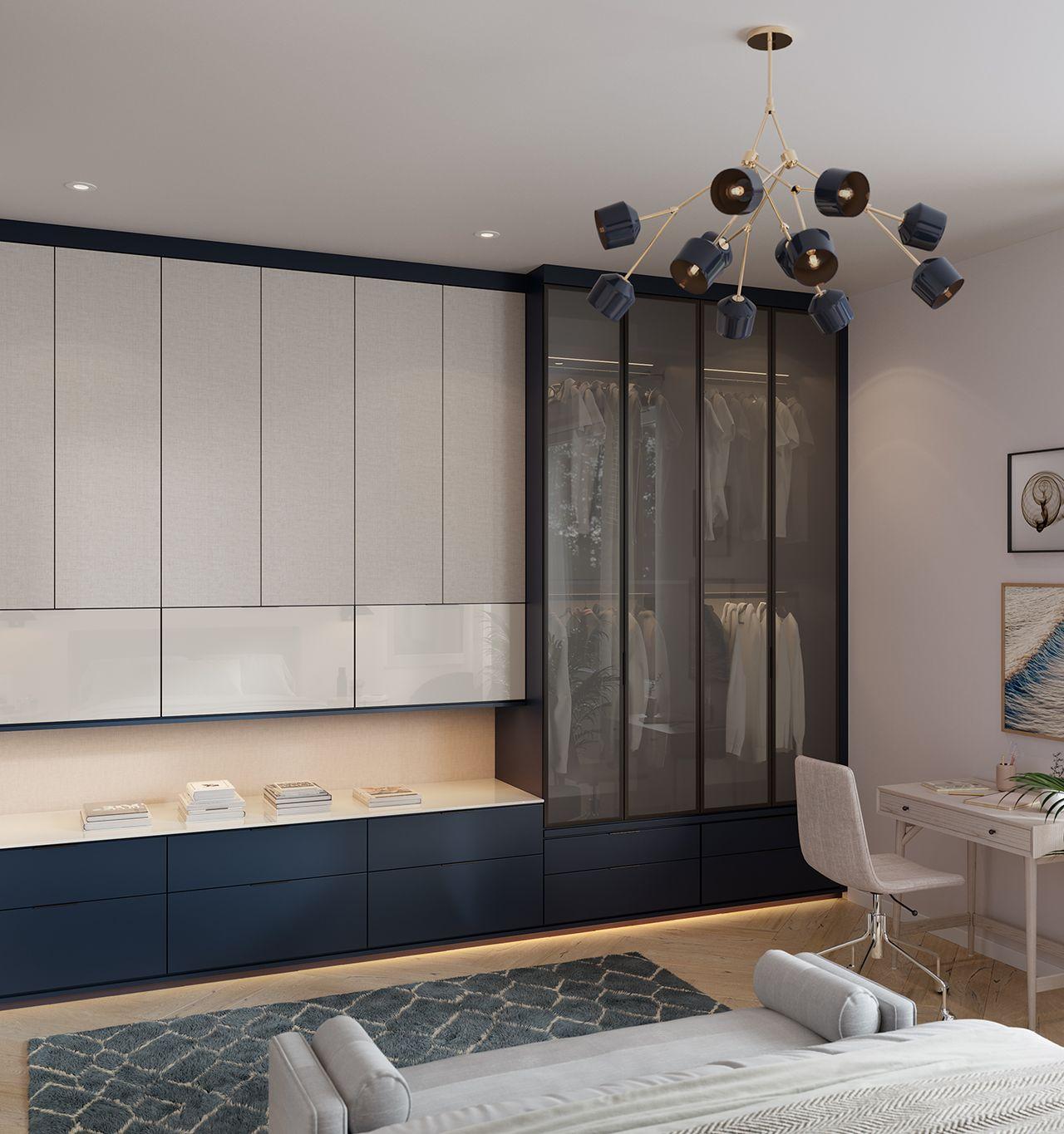 Wardrobe customized built into the wall with glass doors and floating storage by California Closets